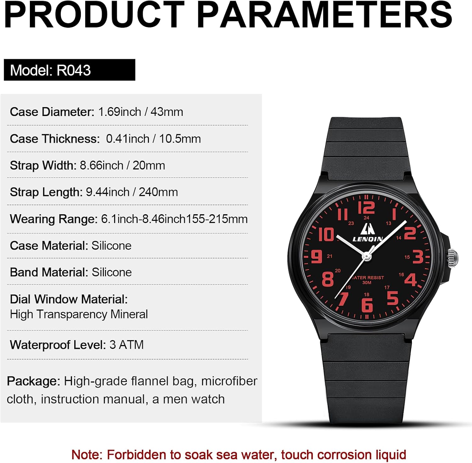 Detalle de LN LENQIN men’s analog quartz wrist watch with 20mm silicone strap (30M waterproof)