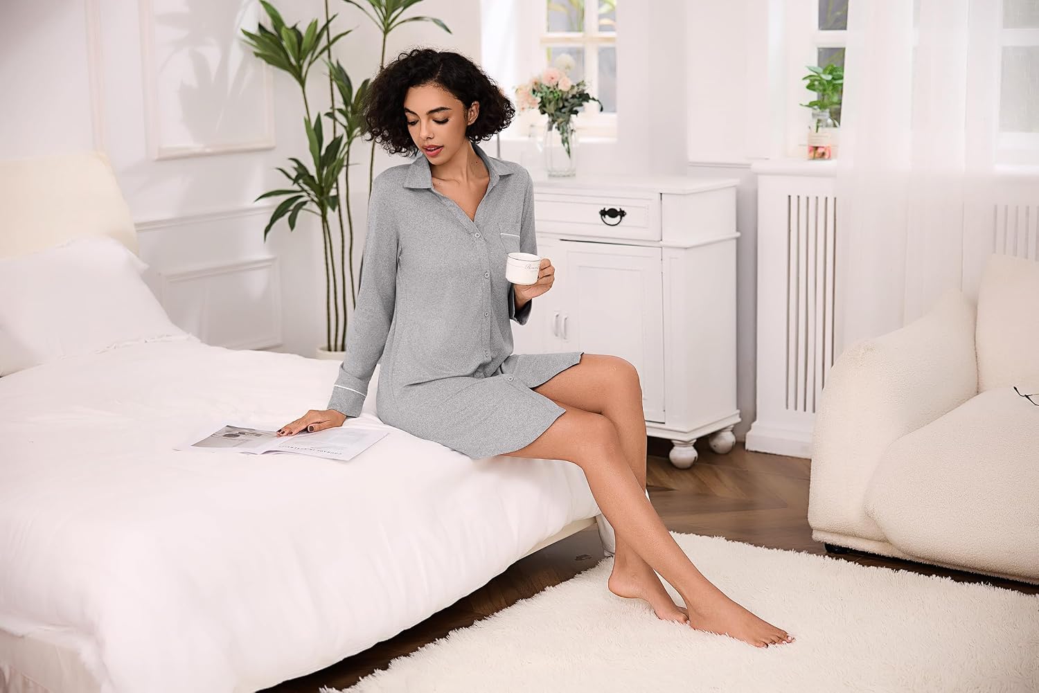 Thumbnail 4 de Bresdk Chemise de nuit femme en coton à manches longues avec boutons (allaitement et maternité)