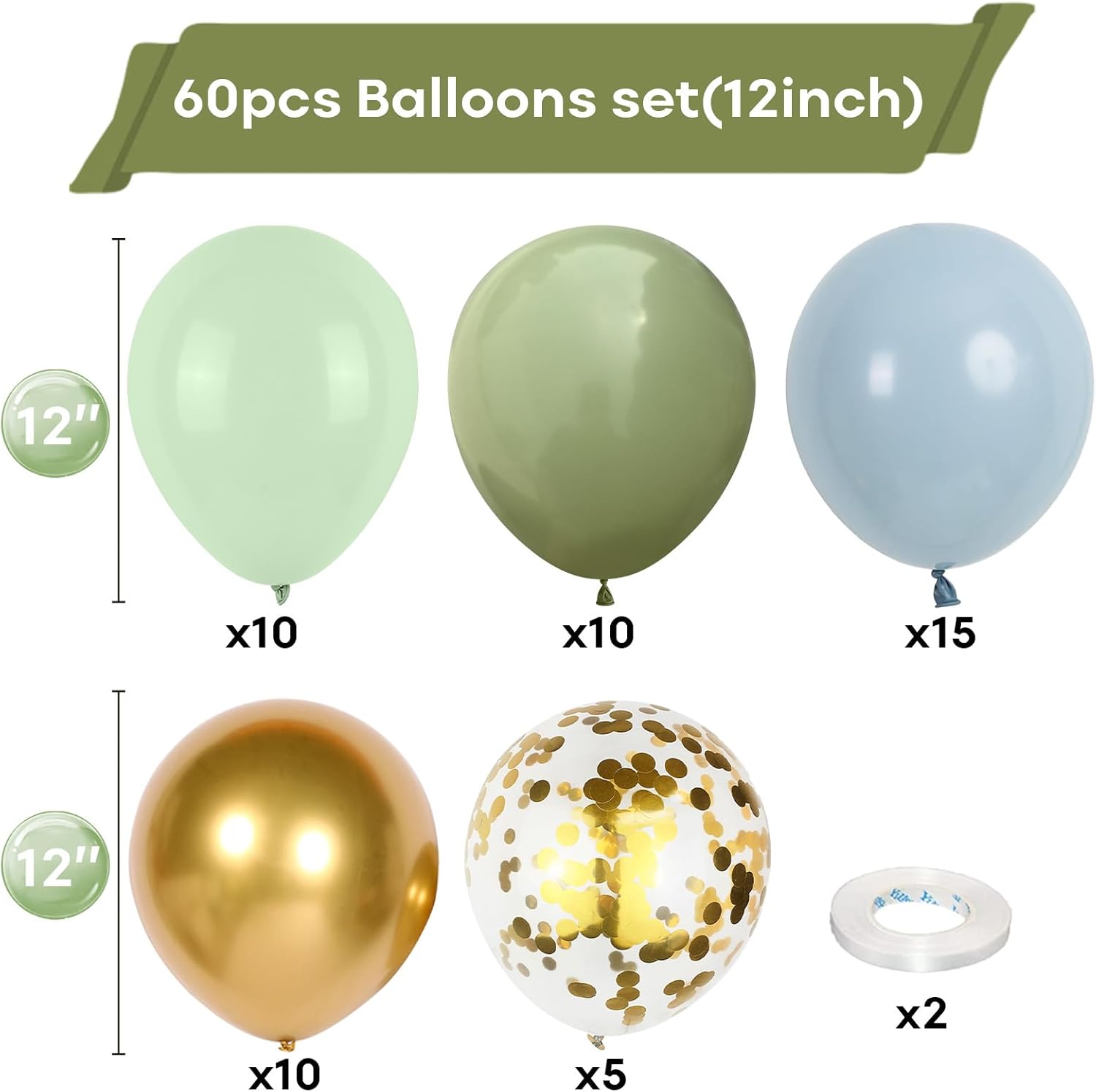 Thumbnail 1 de Dusty Green Blue Balloon Kit: 60-Pack, 12-Inch Sage Green Balloons with Haze Fog Blue, Sand White, and Gold Accents