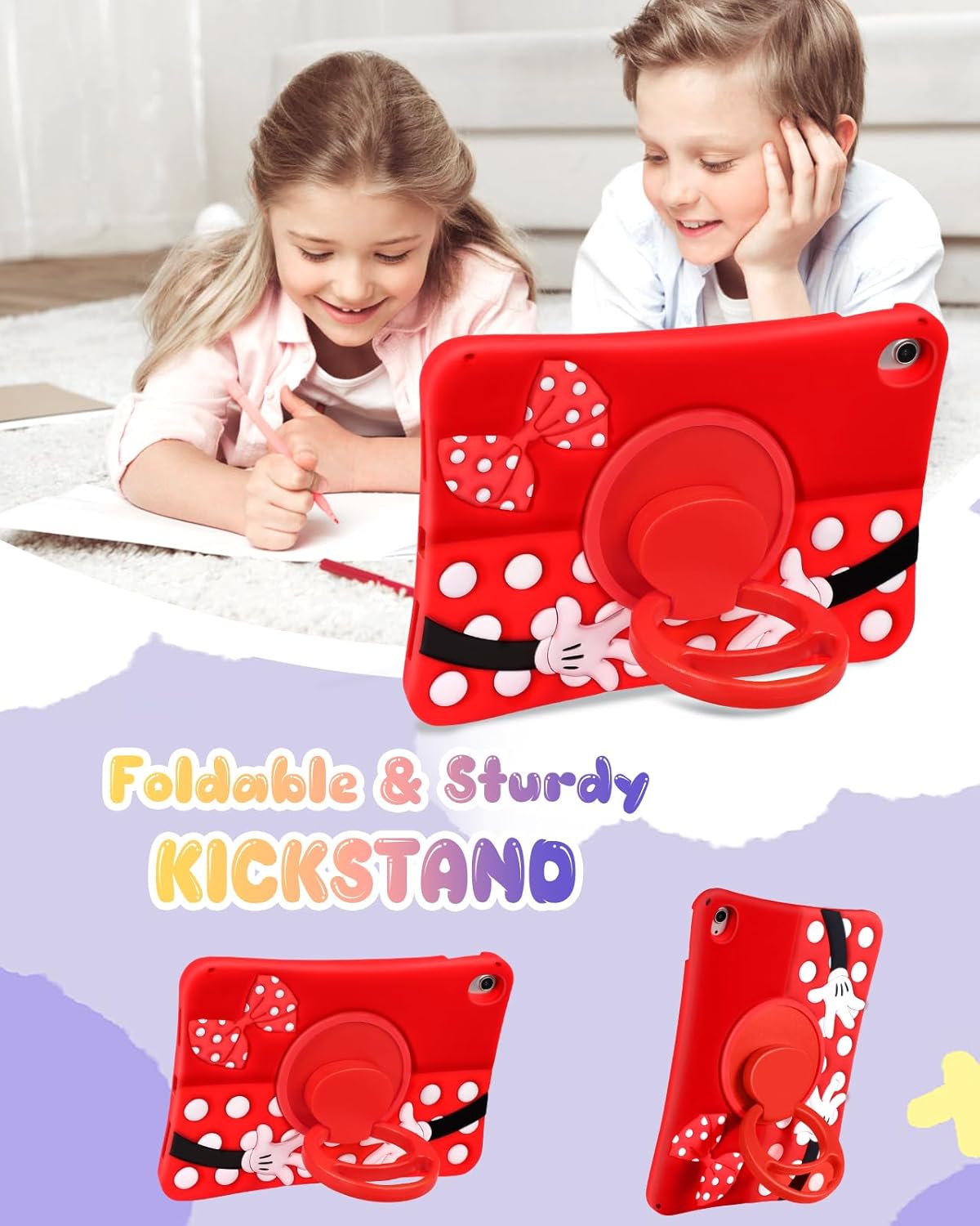 Detalle de Kokaade for iPad (A16) 11th Gen 11-Inch Case 2025 – Soft Silicone Cartoon with Shoulder Strap and Rotating Stand (Red)