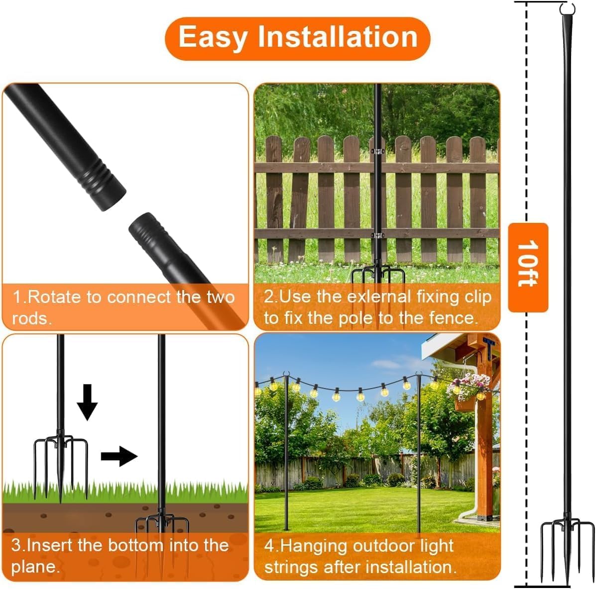 Thumbnail 6 de HoldOneLight 8 Pack Outdoor Light Poles (9.8FT) with Ground Stake & Fork Hooks for String Lights