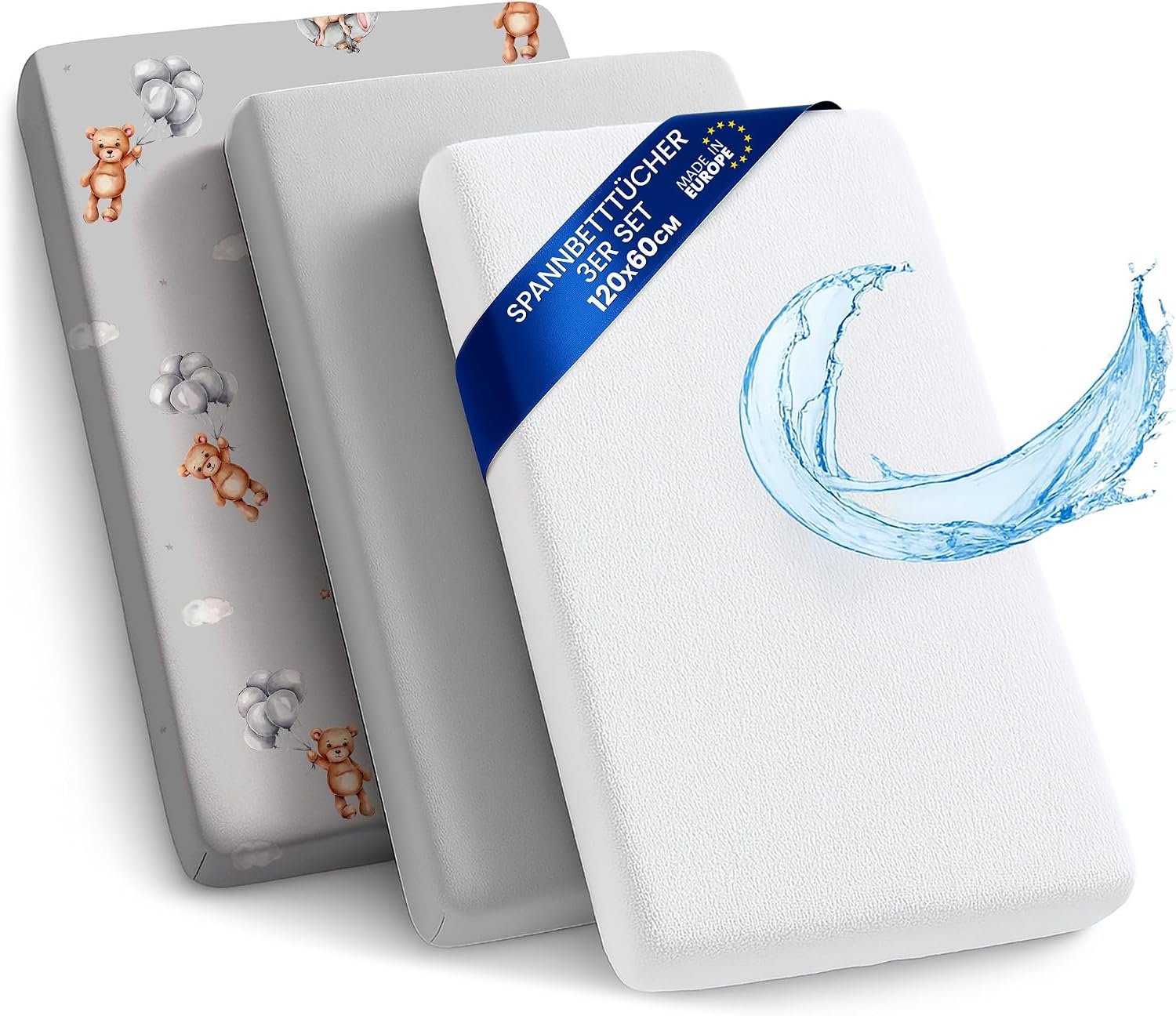 Lenzuola con angoli per passeggino Set di 3 (60x120 cm) – 2 lenzuola + 1 coprimaterasso impermeabile