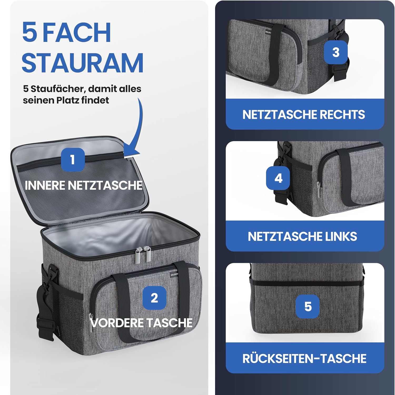 Detalle 2 de HELDENWERK® Kühltasche groß faltbar mit 12h Kühlleistung und 6 Fächern – auslaufsicher & wasserdicht