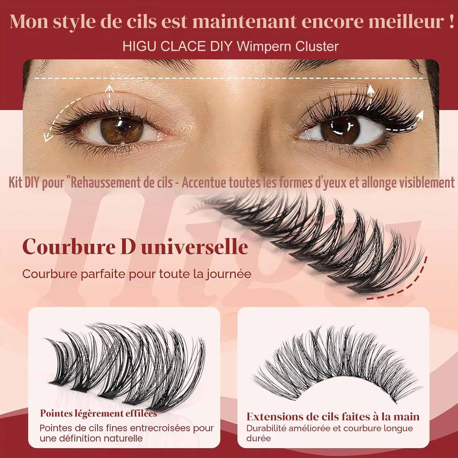Detalle de Higu clace 580 pièces – Extensions de cils à domicile, 10–18 mm, courbure 30–100D