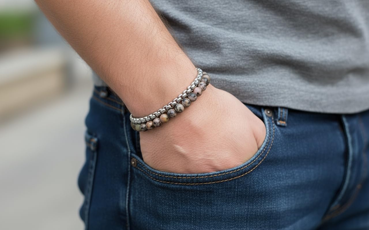 Detalle de Bracciale Unisex 10:10 con Pietre Naturali 6 mm e Catena Veneziana in Acciaio Inox – Made in Italy