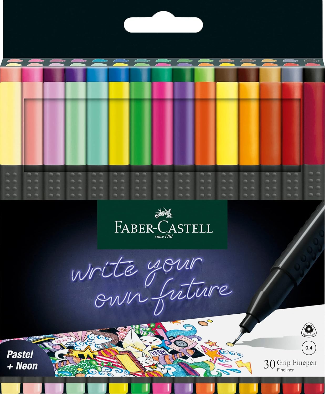 Detalle de Faber-Castell 151630 Box mit 30 Grip Finelinern – 0,4 mm, ergonomischer Griff