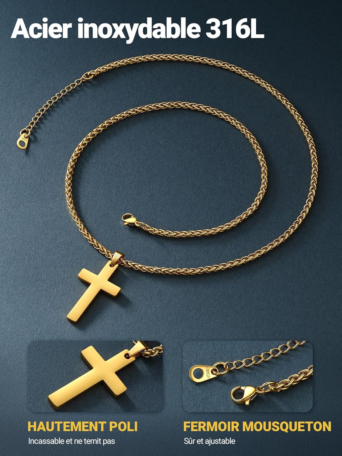 Thumbnail 3 de PROSTEEL Collier croix chrétienne homme en acier inoxydable, pendentif personnalisable (4 couleurs, 2 tailles)