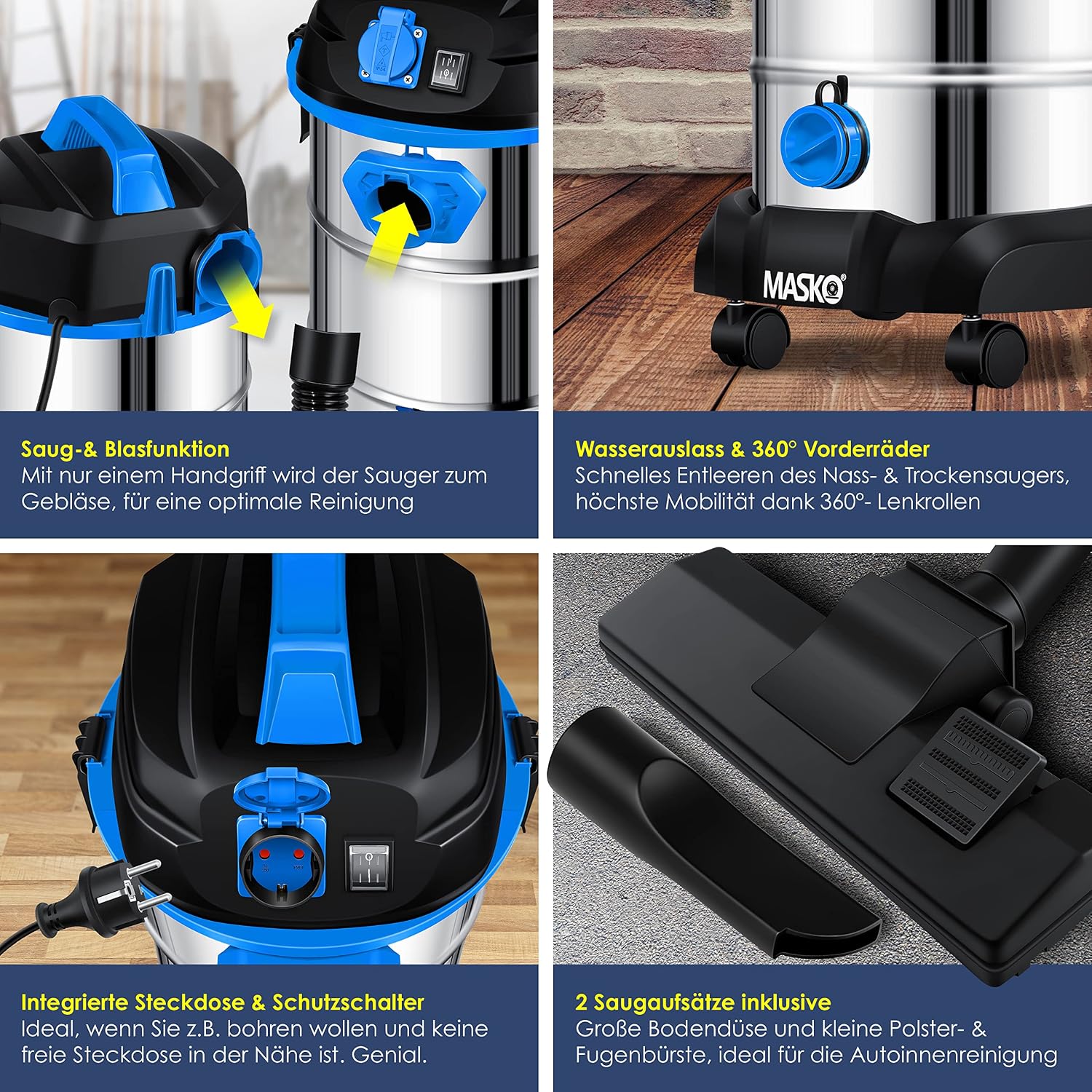 Thumbnail 2 de MASKO Industriestaubsauger Nass/Trocken 1800W — 30L, 58 l/s, 3-in-1 Filtersystem, Push&Clean, Blau