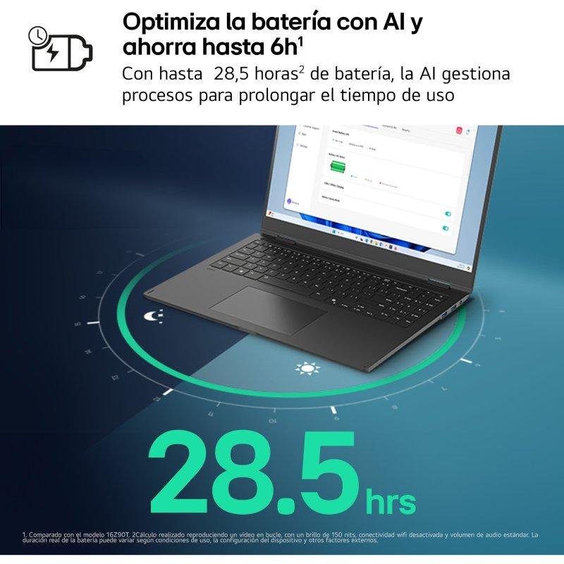Detalle de LG Gram 16Z90TL-G.AU88BN: portátil ultraligero de 16 pulgadas con rendimiento potente y gran autonomía