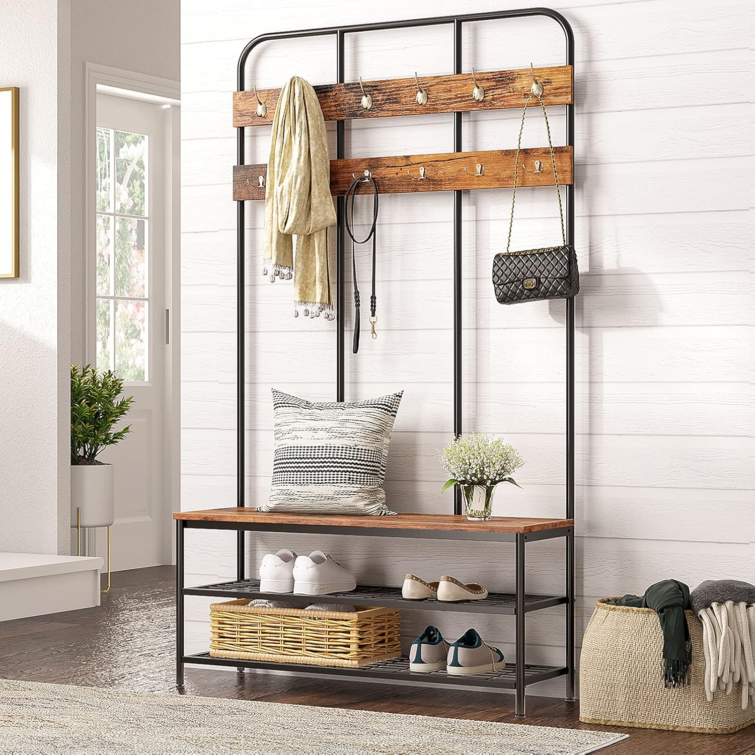 Thumbnail 1 de HOOBRO Grande Attaccapanni con Scarpiera e 12 Ganci – Mobile ingresso in metallo, stile industriale, 180 x 100 x 35,5 cm