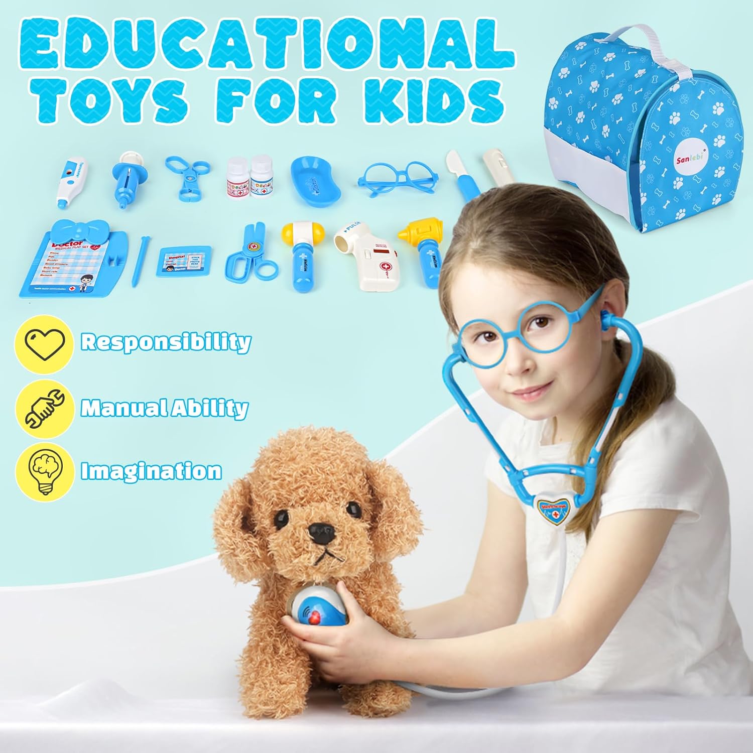 Thumbnail 2 de Sanlebi Doctors Set for Kids – Children’s Pet Vet Care Play Set with Doctor Costume, Plush Dog & 25-Piece Medical Kit (Blue)