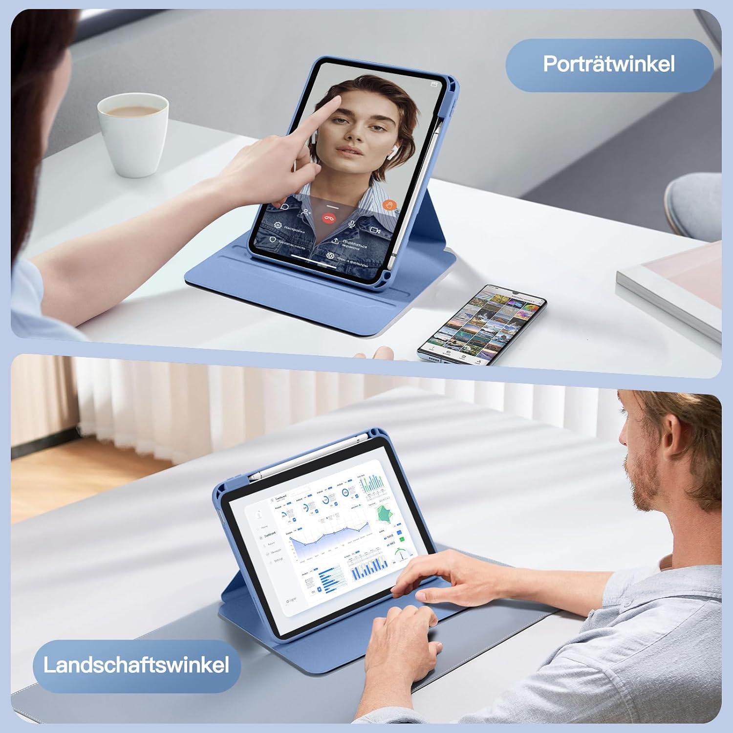 Detalle 2 de drivego 360° drehbare Hülle für iPad (A16) – magnetisch, abnehmbar, mit Stifthalter, transparentem Hart-PC-Backcover, blau