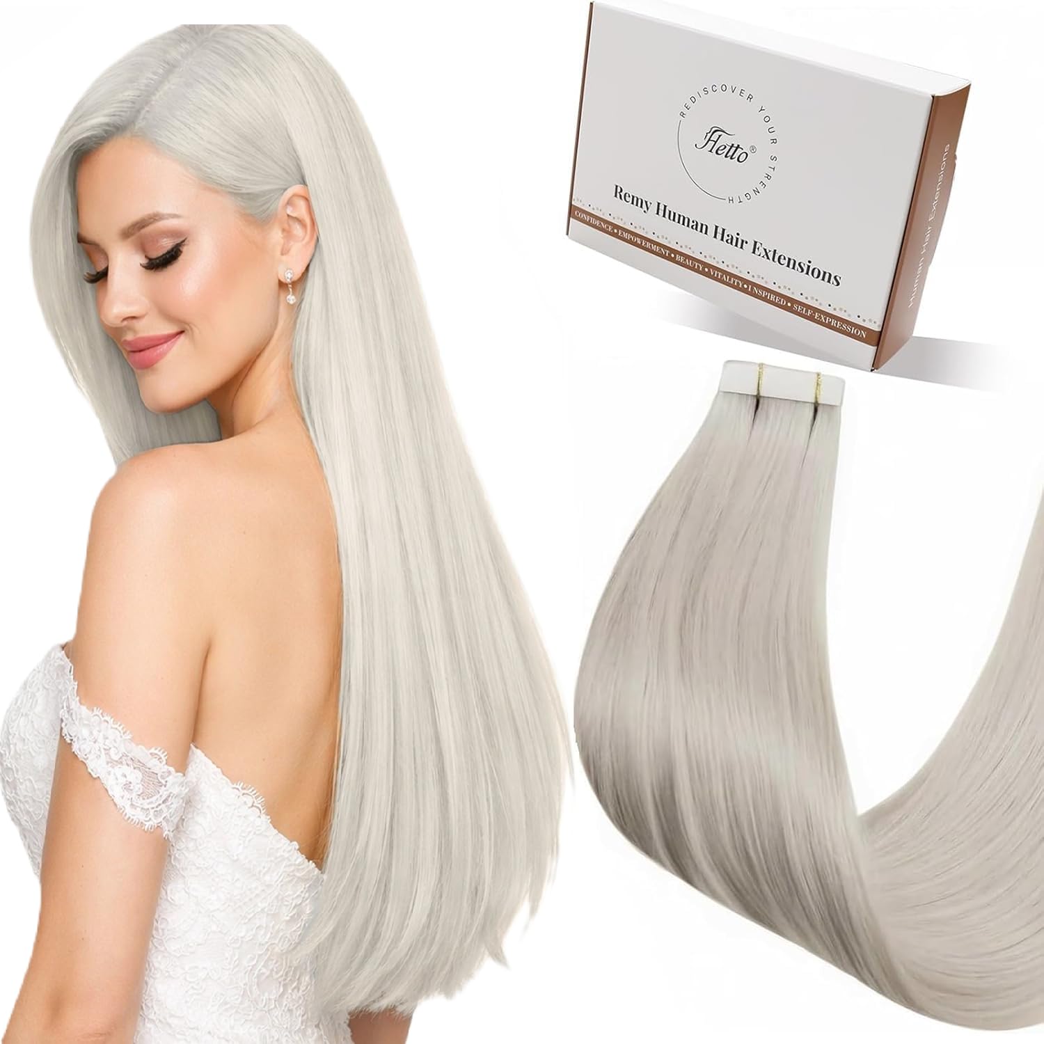 Detalle de Hetto Tape Extensions Echthaar, Aschblond, 50 cm – 20 Stücke, 50 g, 100% Remy Haar