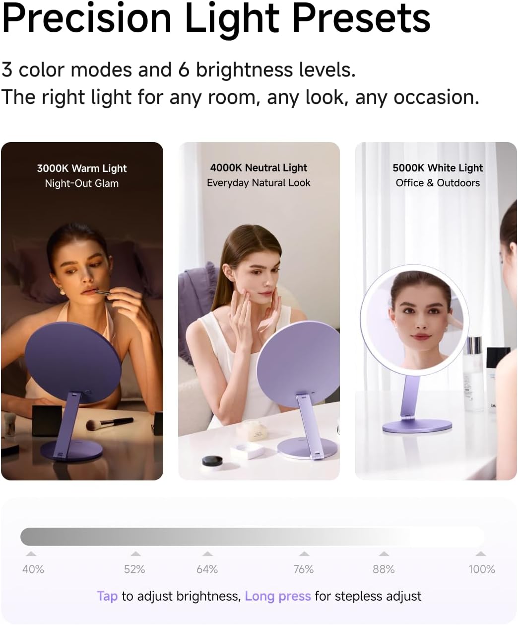 Thumbnail 6 de Laifen Lighted Makeup Mirror, Lavender Purple, 64 LEDs, 3 Colour Modes