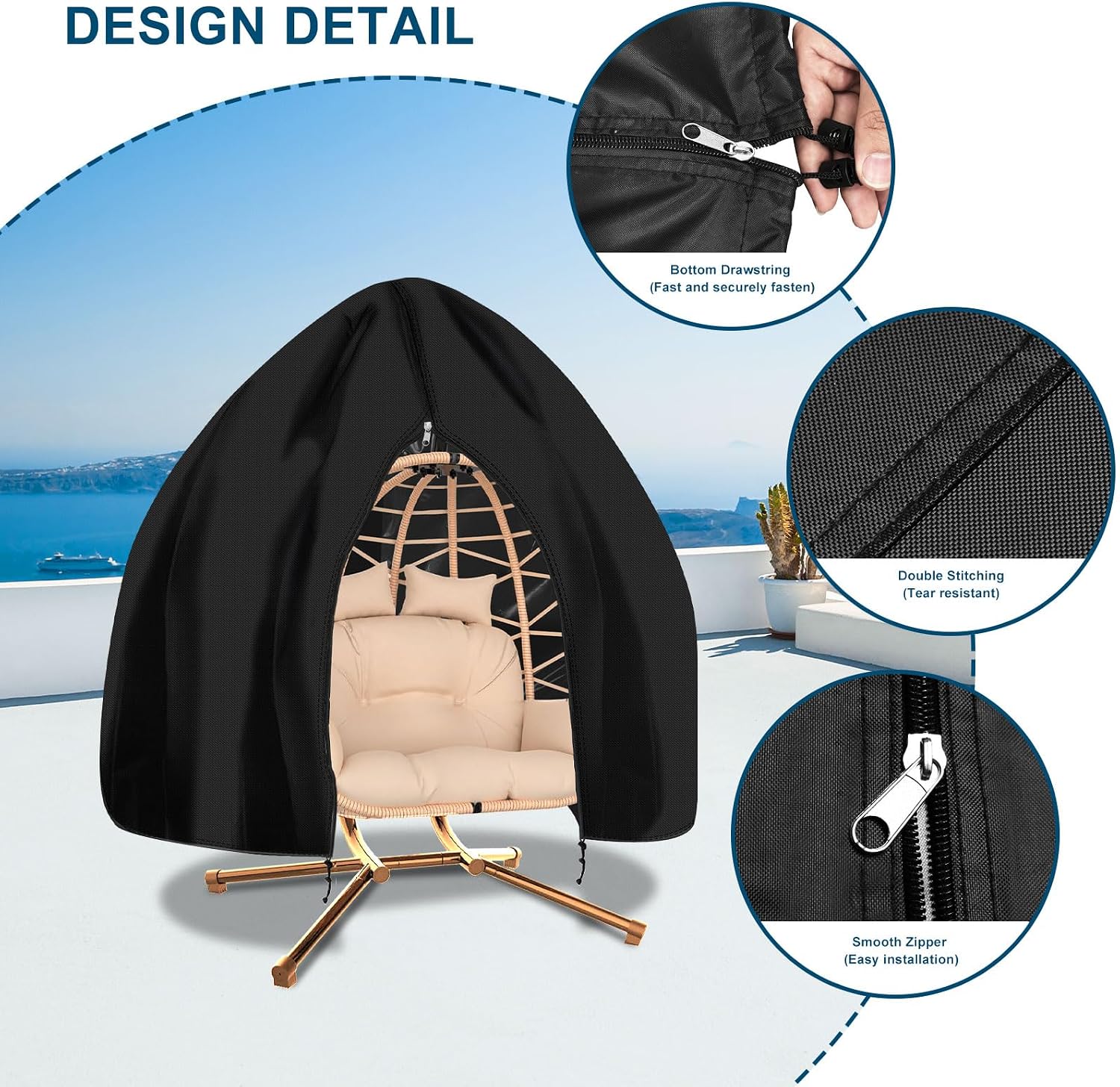 Thumbnail 2 de RICHIE Egg Chair Cover (420D Heavy Duty Oxford) – Waterproof outdoor cocoon swing egg chair cover, 200 x 230cm, black
