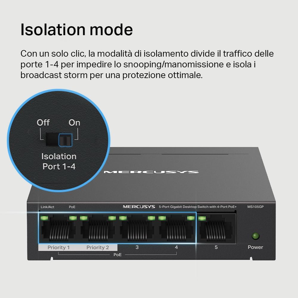 Thumbnail 6 de TP-Link Mercusys MS105GP: Switch PoE+ a 5 Porte Gigabit con Alimentazione Integrata (4 PoE+)
