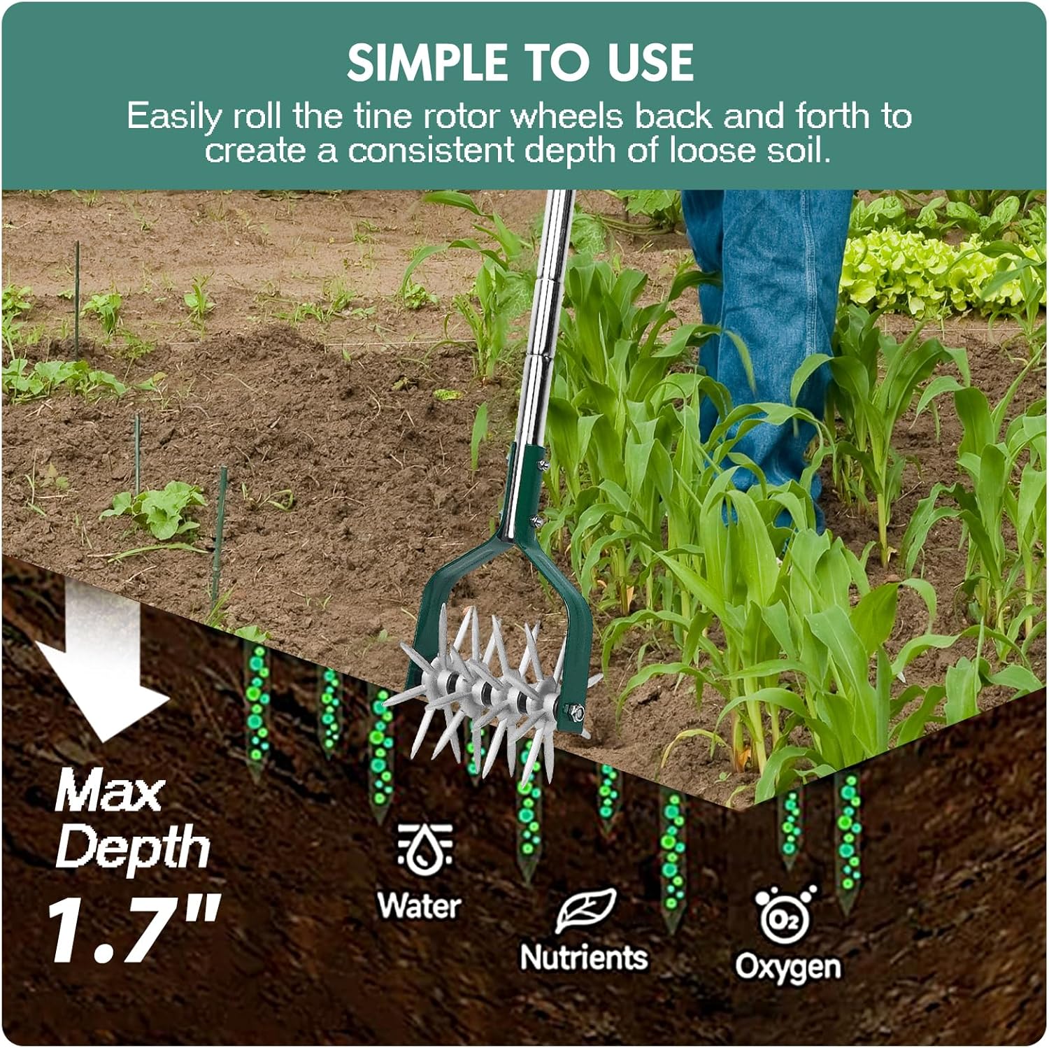 Thumbnail 5 de YEELOR Motoculteur de jardin avec manche réglable en acier inoxydable – pratique pour petits jardins