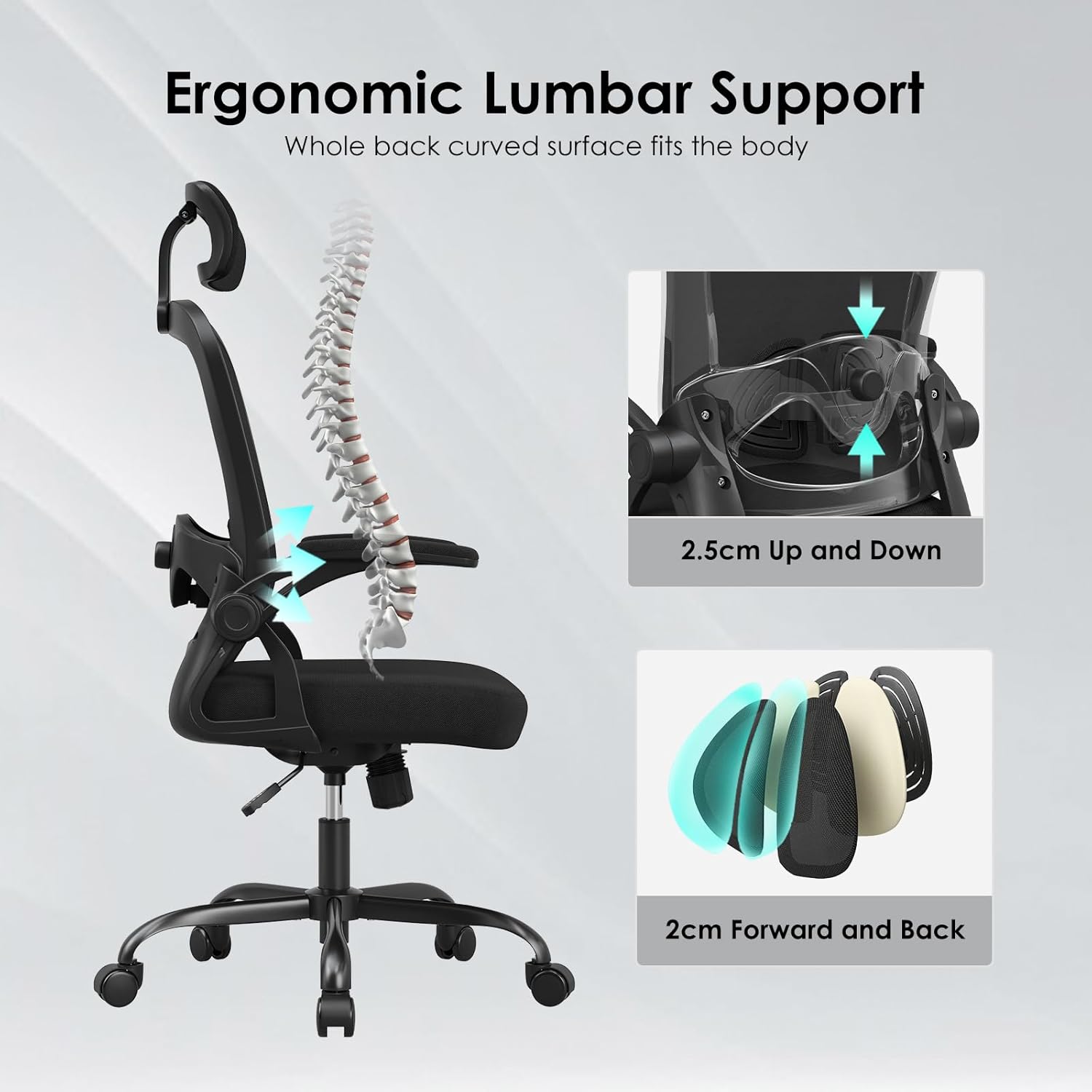 Thumbnail 3 de Farini High Back Executive Office Chair with Adjustable Support, Flip-Up Arms & Ergonomic Design – All Black
