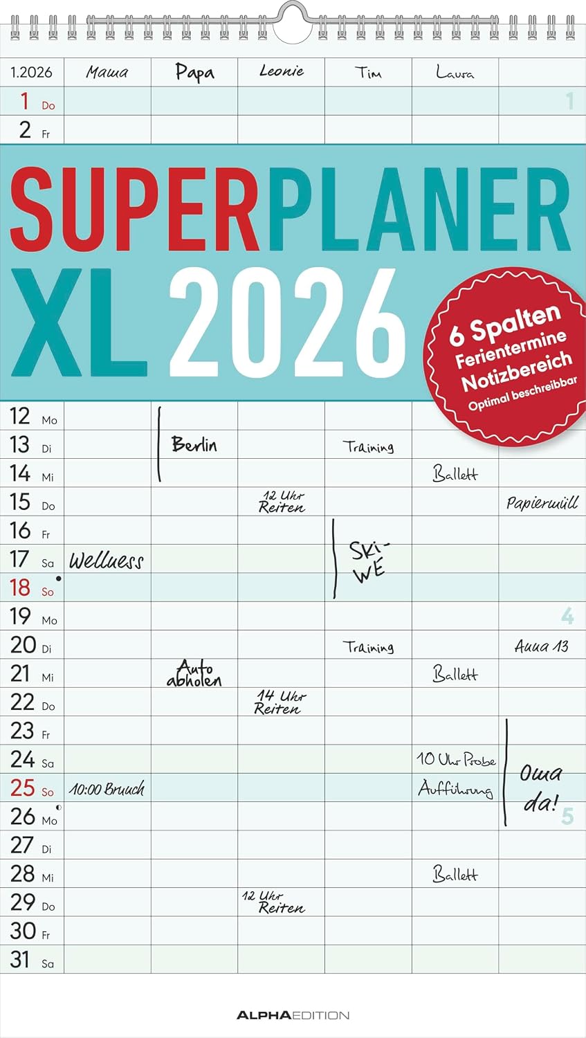 Detalle de Alpha Edition Superplaner XL 2026 mit 6 Spalten – Familienkalender 26×45 cm