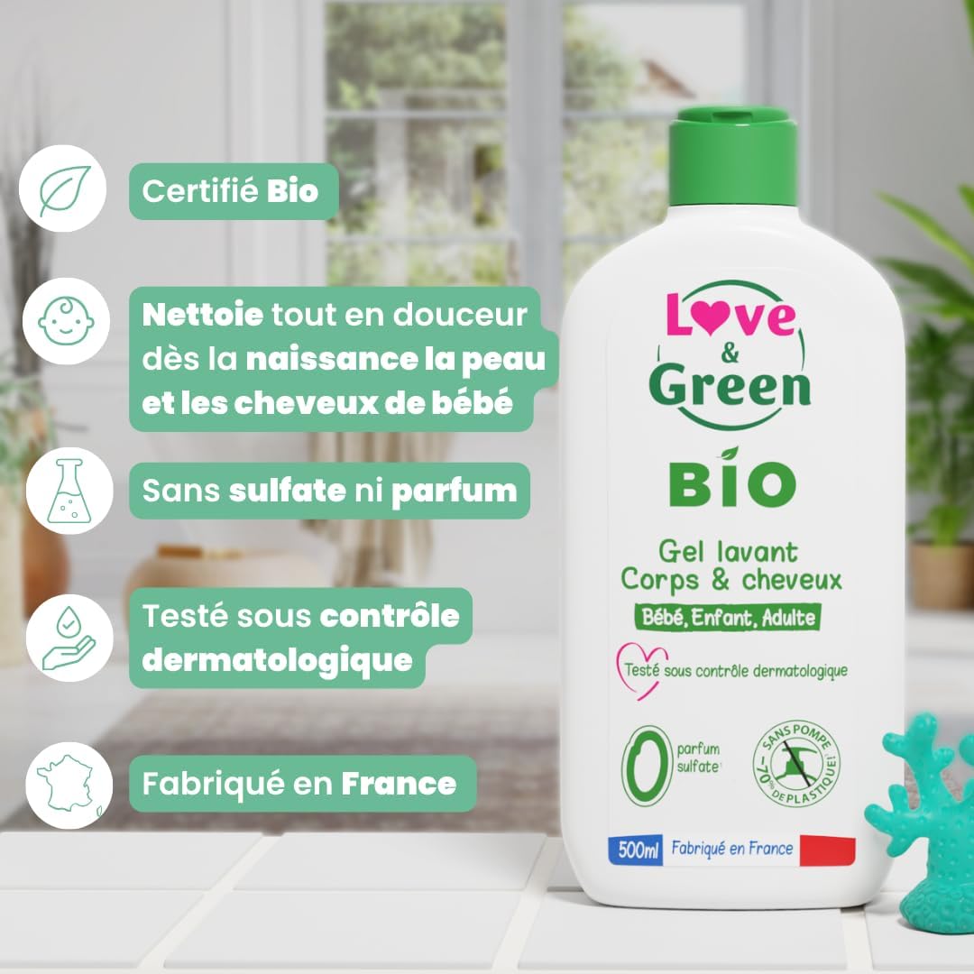 Thumbnail 3 de Love & Green Gel lavant bio 0% corps et cheveux sans parfum 500 ml – Fabriqué en France