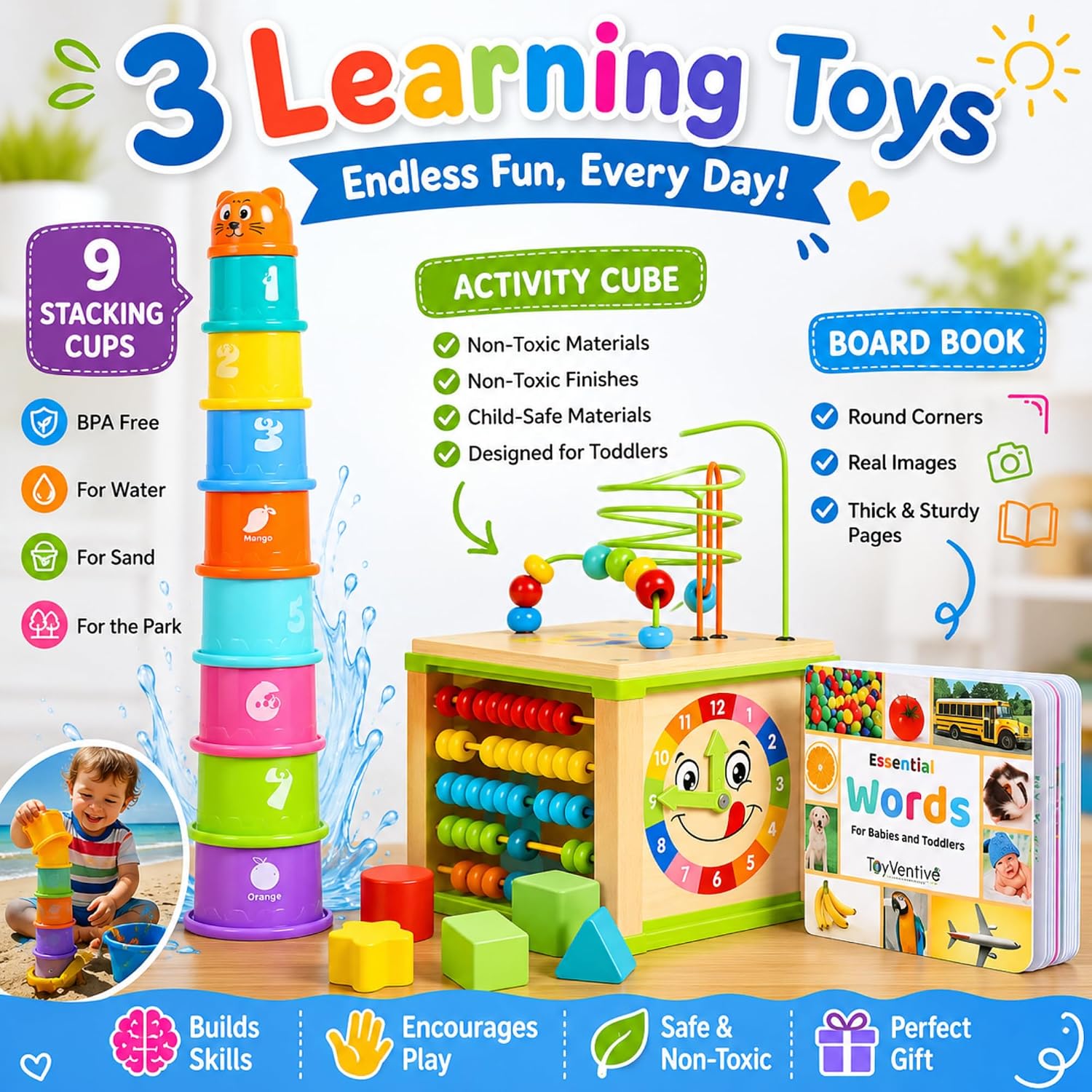 Thumbnail 2 de Toyventive Wooden Kids Baby Activity Cube for Girls Gift Set (Bead Maze, 12–18 Months)