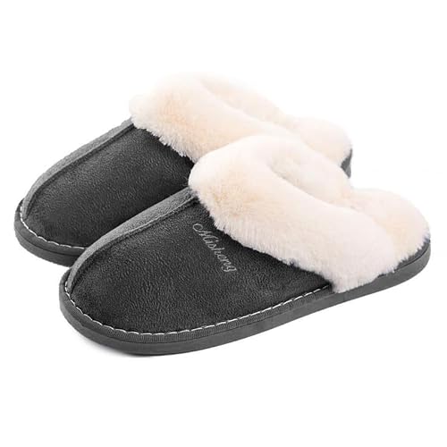 Detalle de Misolin Women Memory Foam Fluffy Slipper – Grey, Suede Fur-Lined, Anti-Skid Indoor & Outdoor (UK 5.5–6.5)