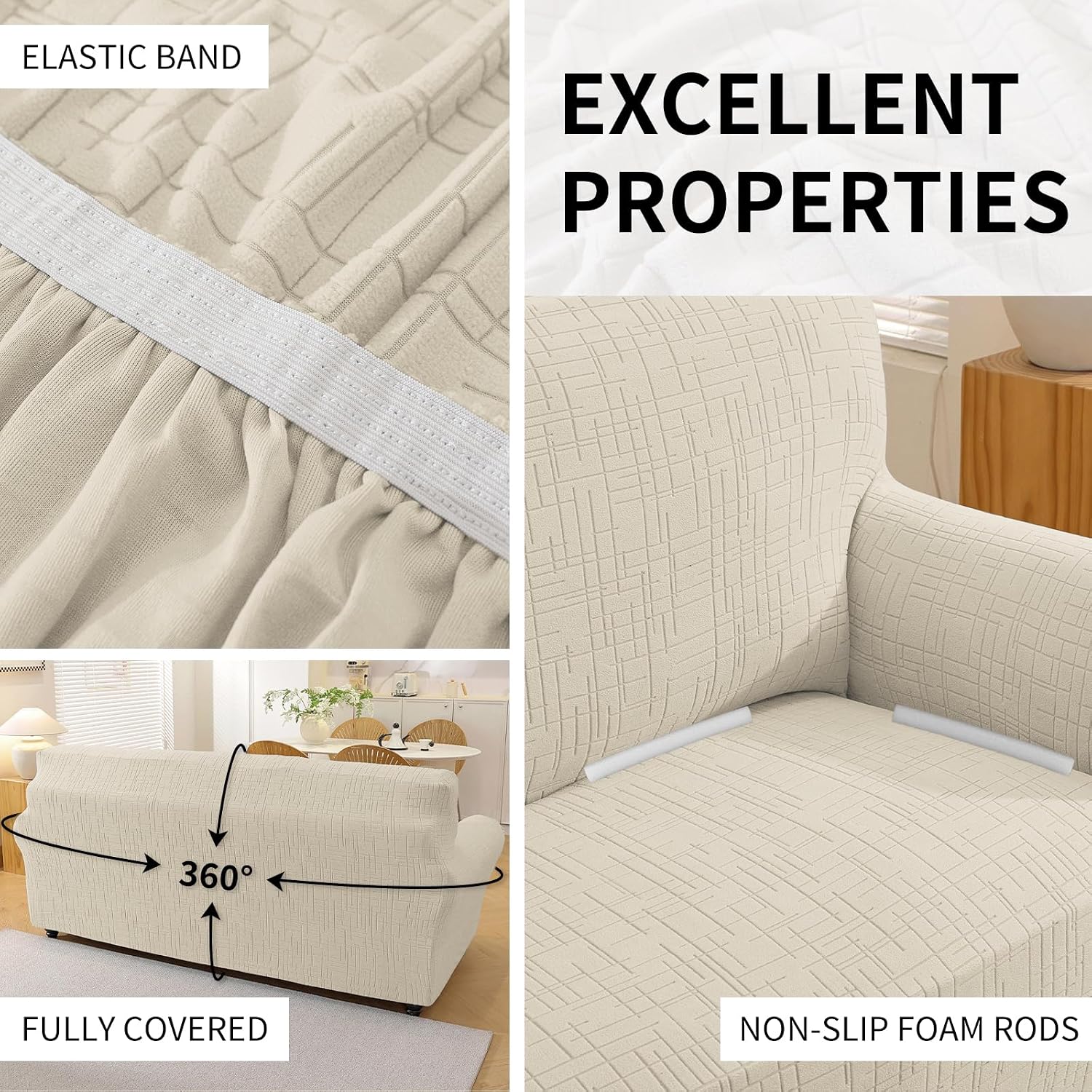 Detalle de YSTELLAA Copridivano 3 posti con braccioli beige elasticizzato, lavabile e antiscivolo