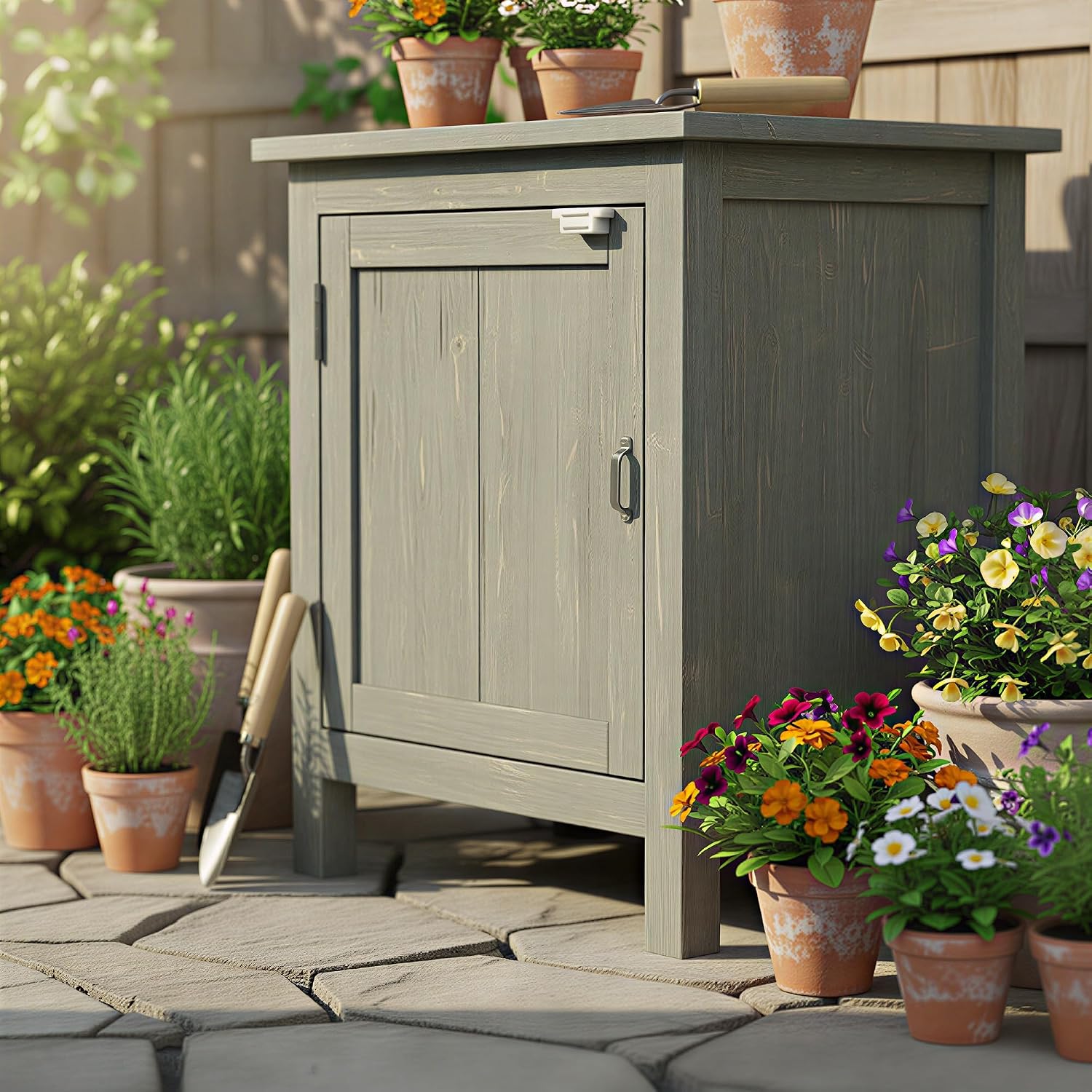 Detalle 2 de Outsunny 845-212 tuinkast met dubbele deur, grijs, in massief grenenhout