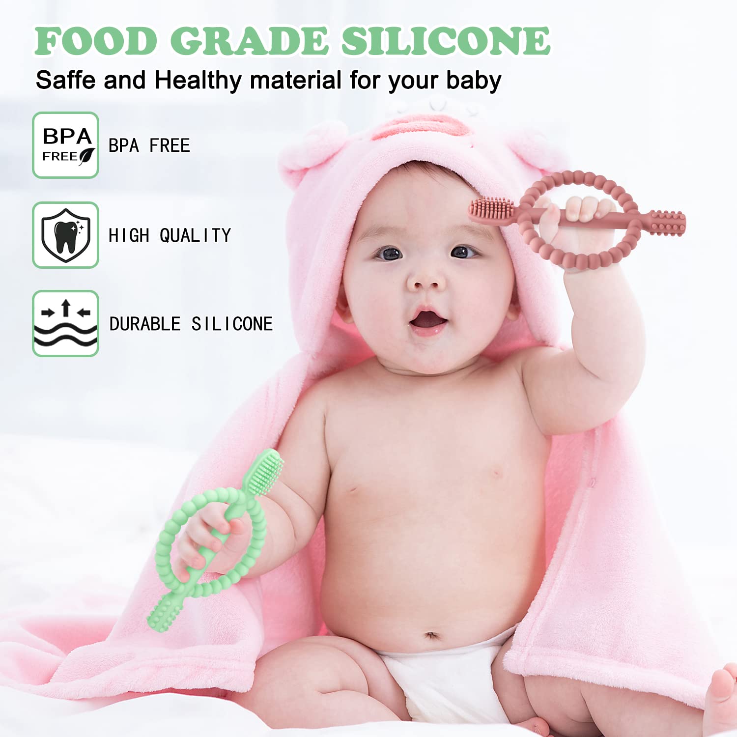 Thumbnail 2 de Baby Teething Toys with Easy-Hold Handle, Silicone Infant Toothbrush (0–12 Months) — Bright Green & Caramel