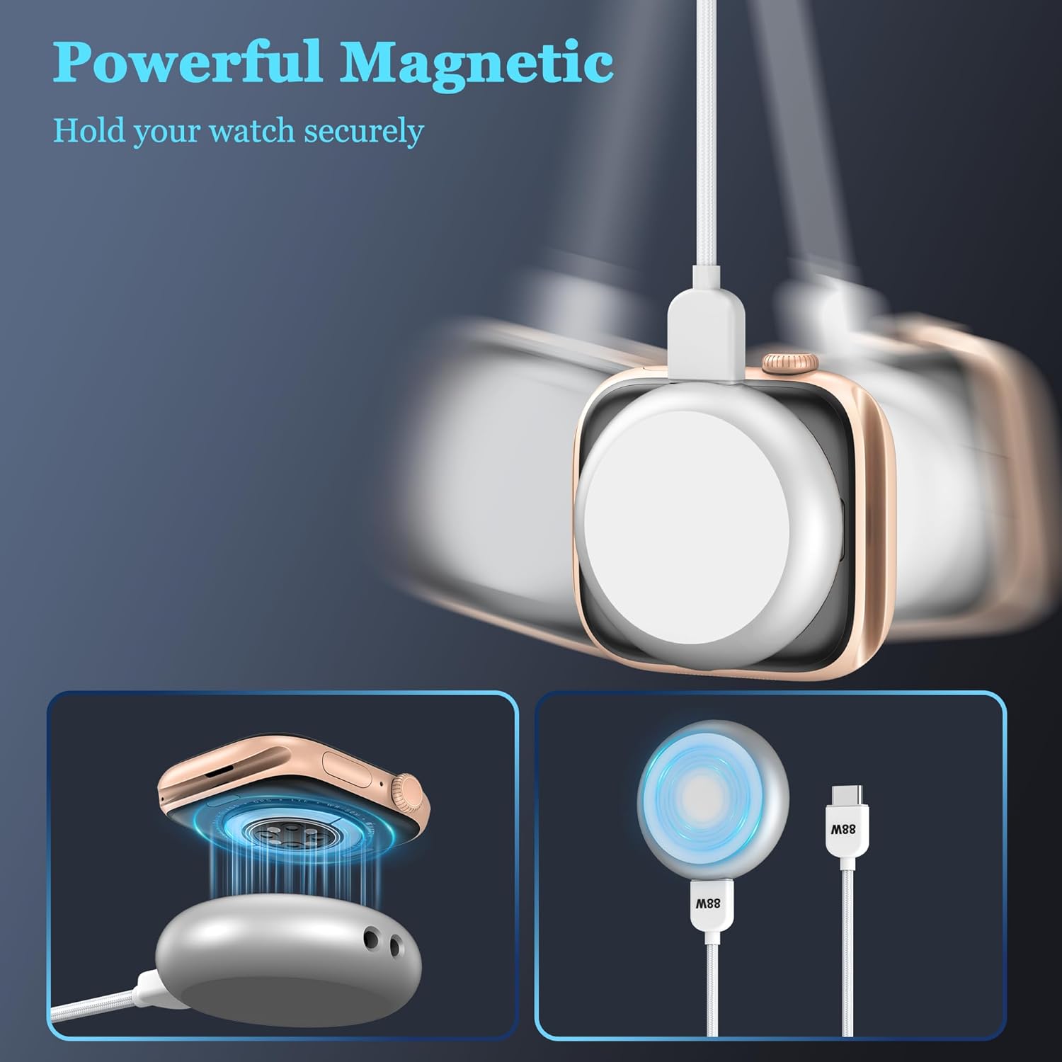 Detalle de 【5W】for Apple Watch Charger with PD 88W Cable — Magnetic, Dual USB-C, Universal for Apple Watch