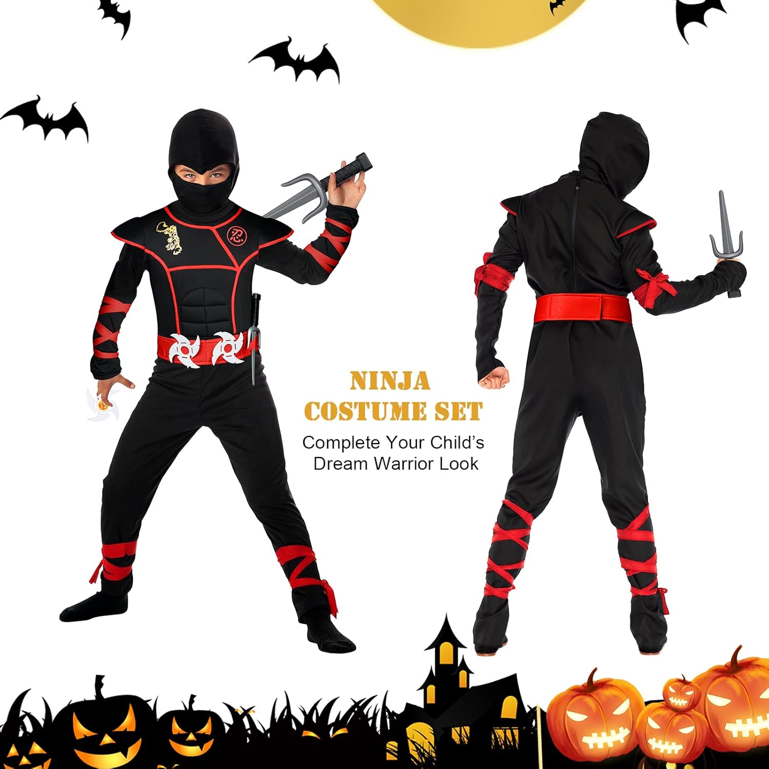 Detalle 2 de Aomig Ninja Kinderkostüm-Set 13-teilig – Verkleidung für Jungen und Mädchen