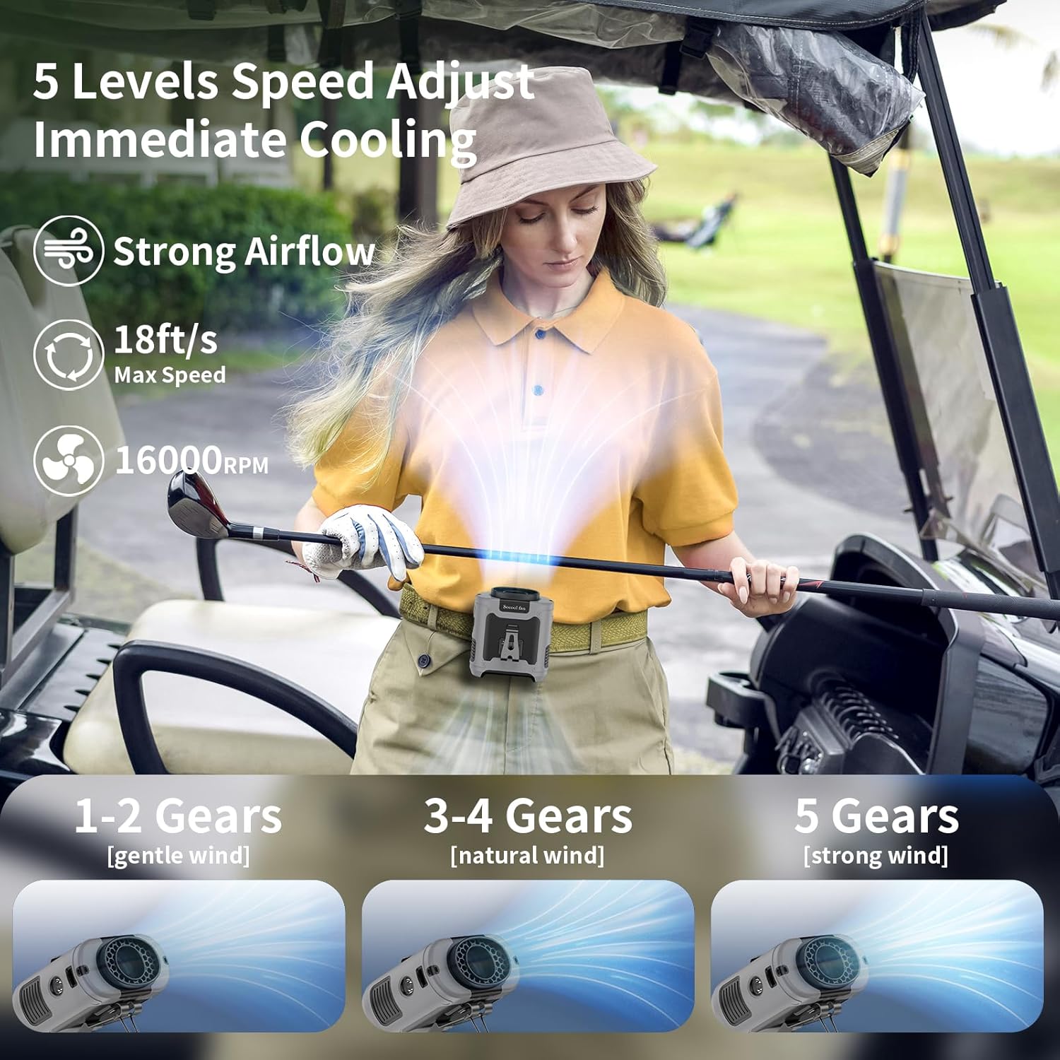Detalle 2 de SoCool 10000mAh Portable Waist Fan (Clip-On, Hands-Free) with 5 Speeds & Flashlight, Rechargeable Gray