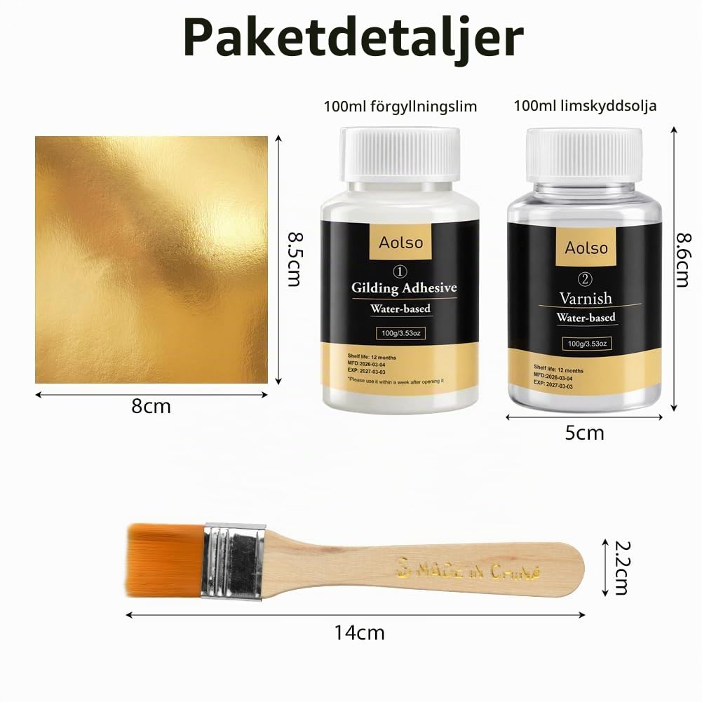 Detalle 2 de Aolso förgyllningskit med 100 blad, vattenbaserat lim och lack