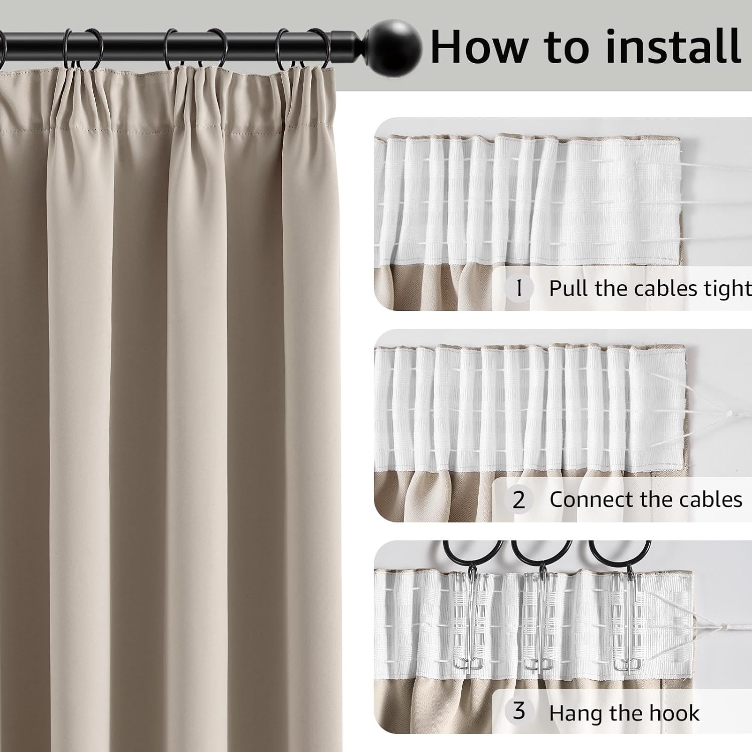 Detalle de TOPICK Beige Blackout Pencil Pleat Curtains (2 Panels, 90W x 90L) – Thermal, Noise-Reducing Window Treatment