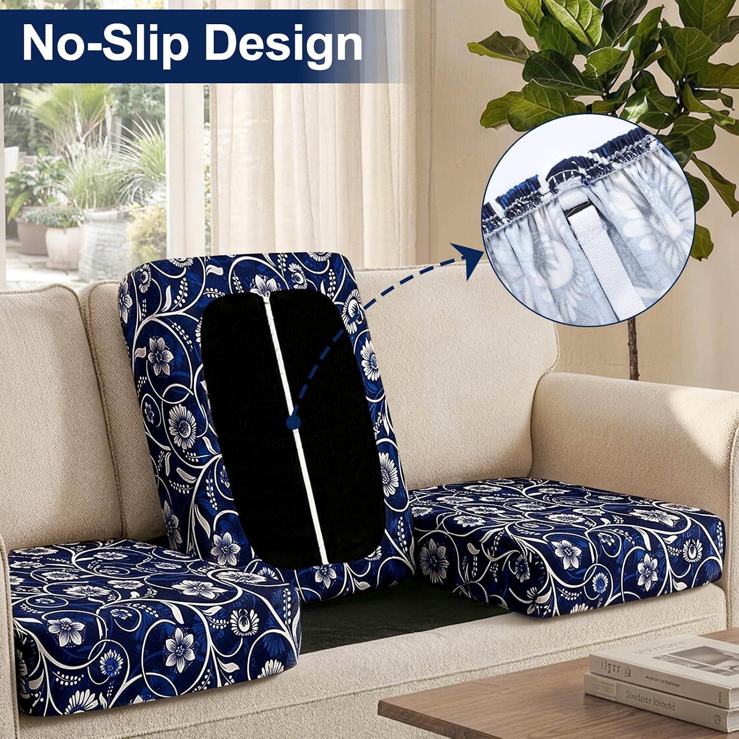 Detalle de Smiry HWZDT004 Stretch Patio Cushion Covers, Navy Floral, Waterproof, 4-Piece
