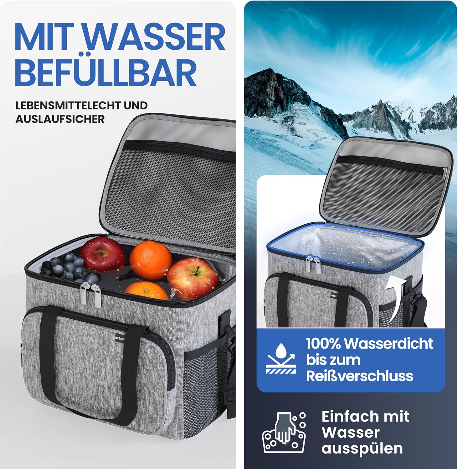 Detalle de HELDENWERK Kühltasche groß faltbar – 12h Kühlleistung, wasserdicht & auslaufsicher