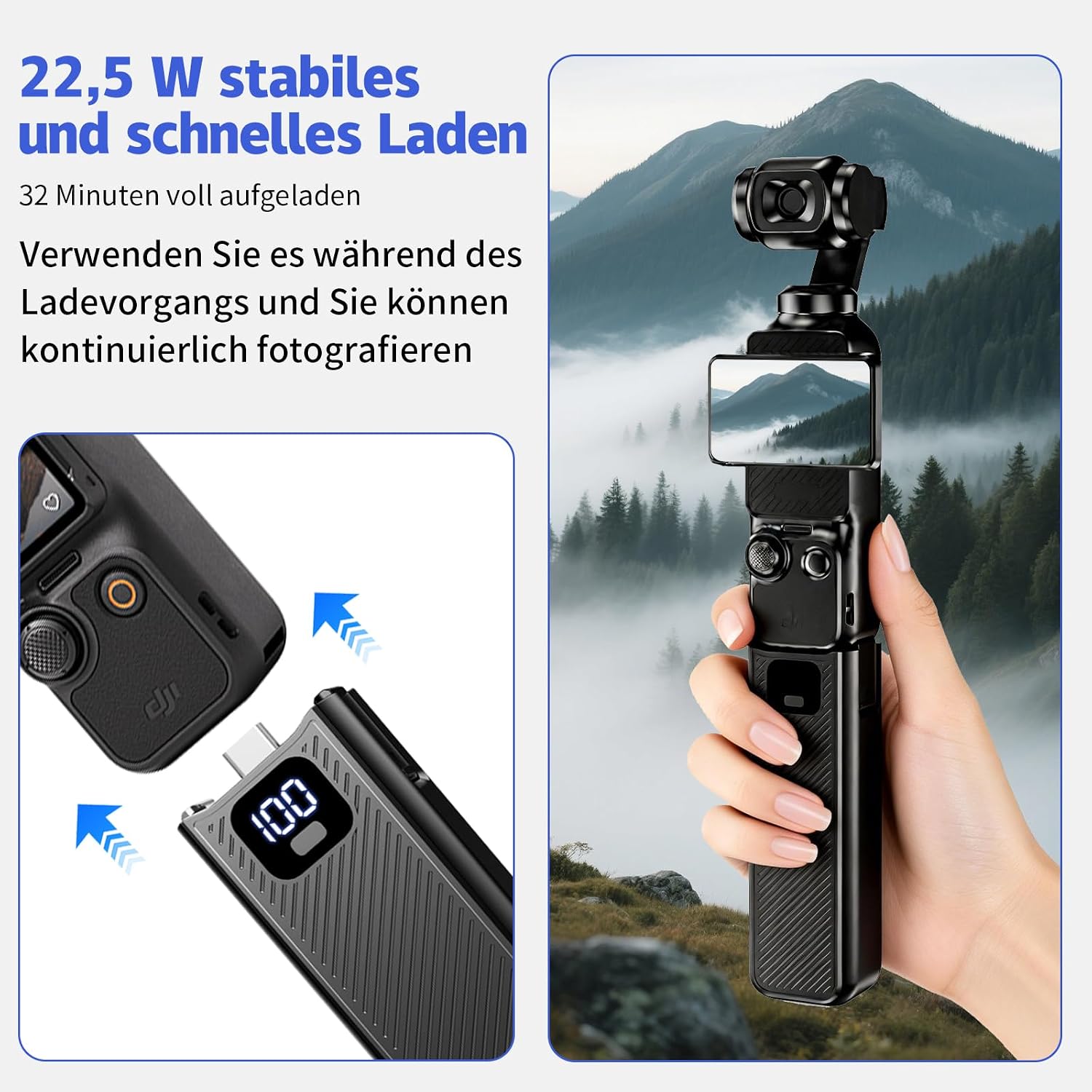 Thumbnail 2 de Upgrade Batteriegriff für DJI Osmo Pocket 4/Pocket3 & Xt… – 5000 mAh, 22,5 W PD Schnellladung, LED-Anzeige