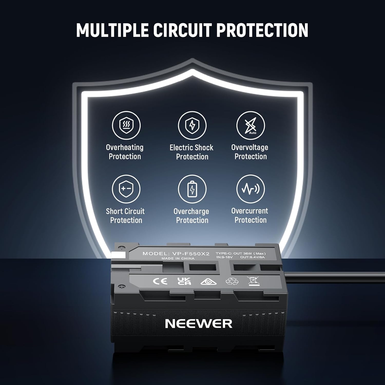 Thumbnail 6 de NEEWER Adaptateur de batterie factice double face avec écran – D-Tap vers répartiteur USB-C et sorties NP-F