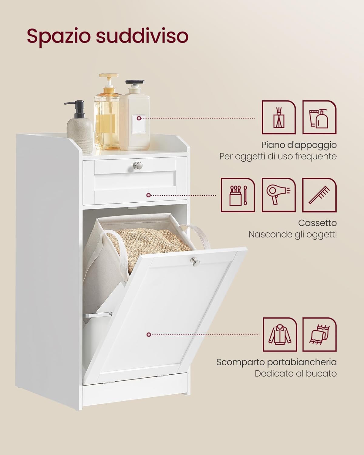 Detalle 2 de VASAGLE BBC741W01 mobile portabiancheria per bagno con cassetto e cesto estraibile, 40 x 40 x 80,2 cm