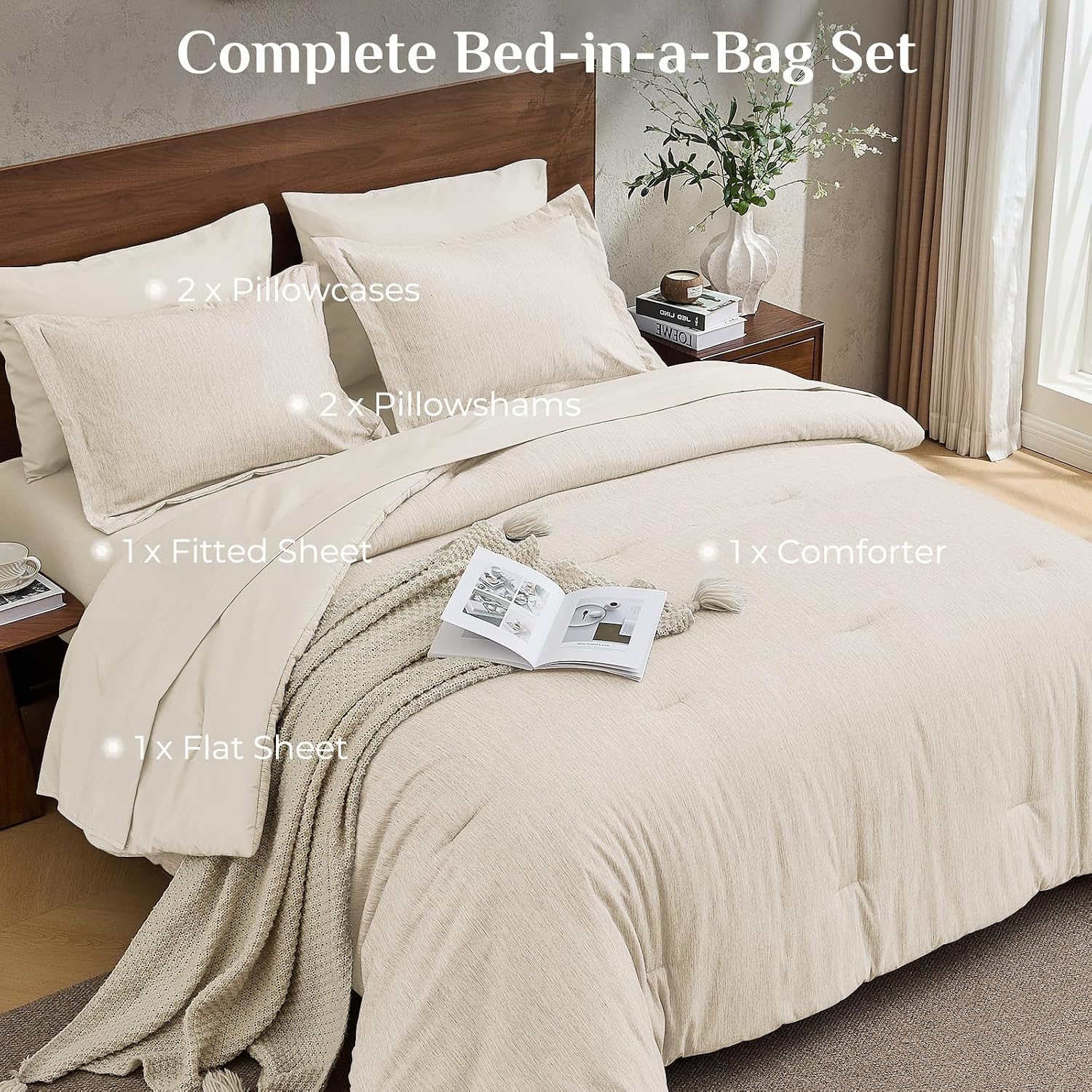 Thumbnail 6 de JOLLYVOGUE Queen Comforter Set, 7-Piece Beige Bed-in-a-Bag, Double-Tone
