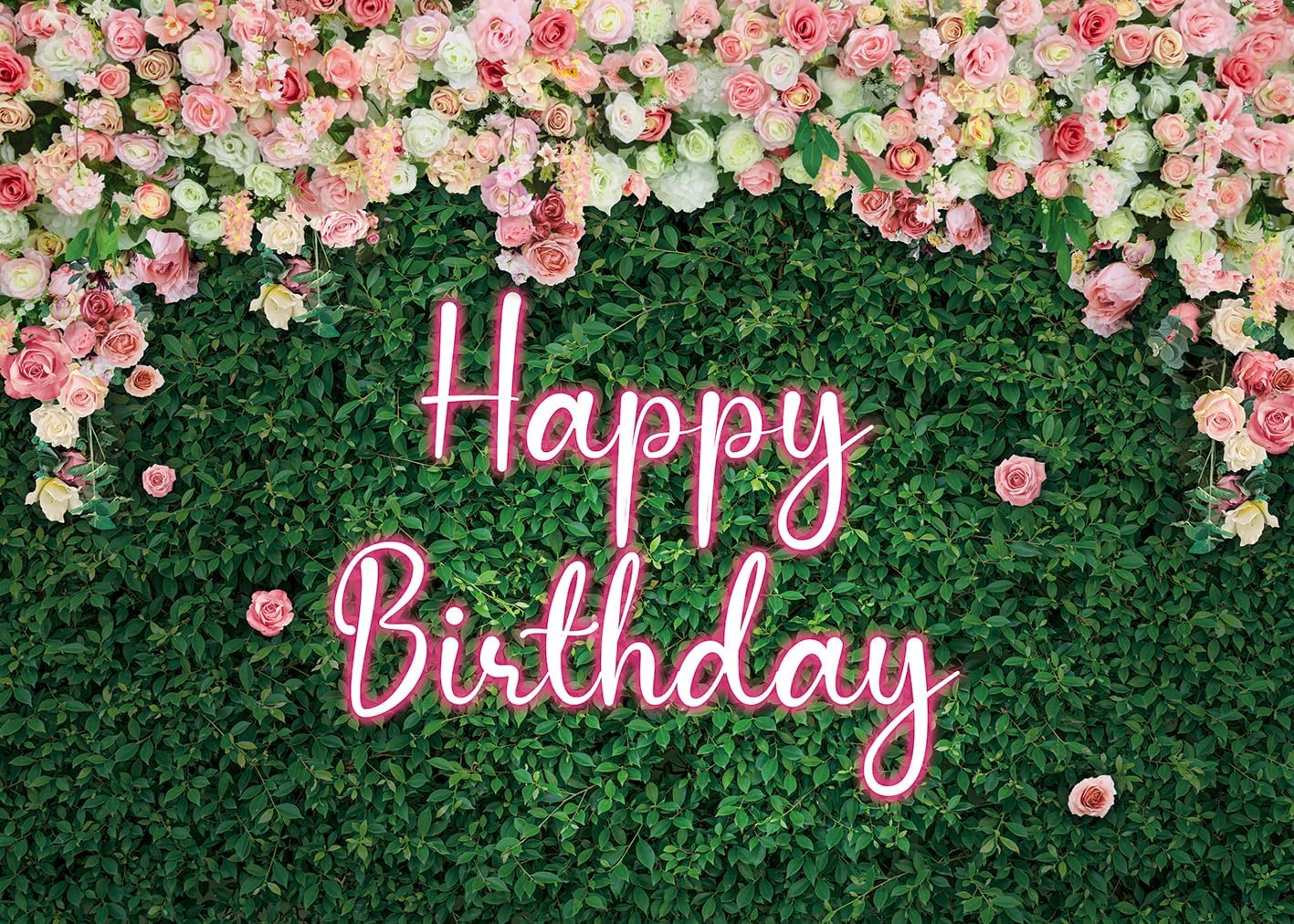 Thumbnail 1 de Green Leaves Happy Birthday neon pink rose backdrop (7x5ft) for photo & party table styling