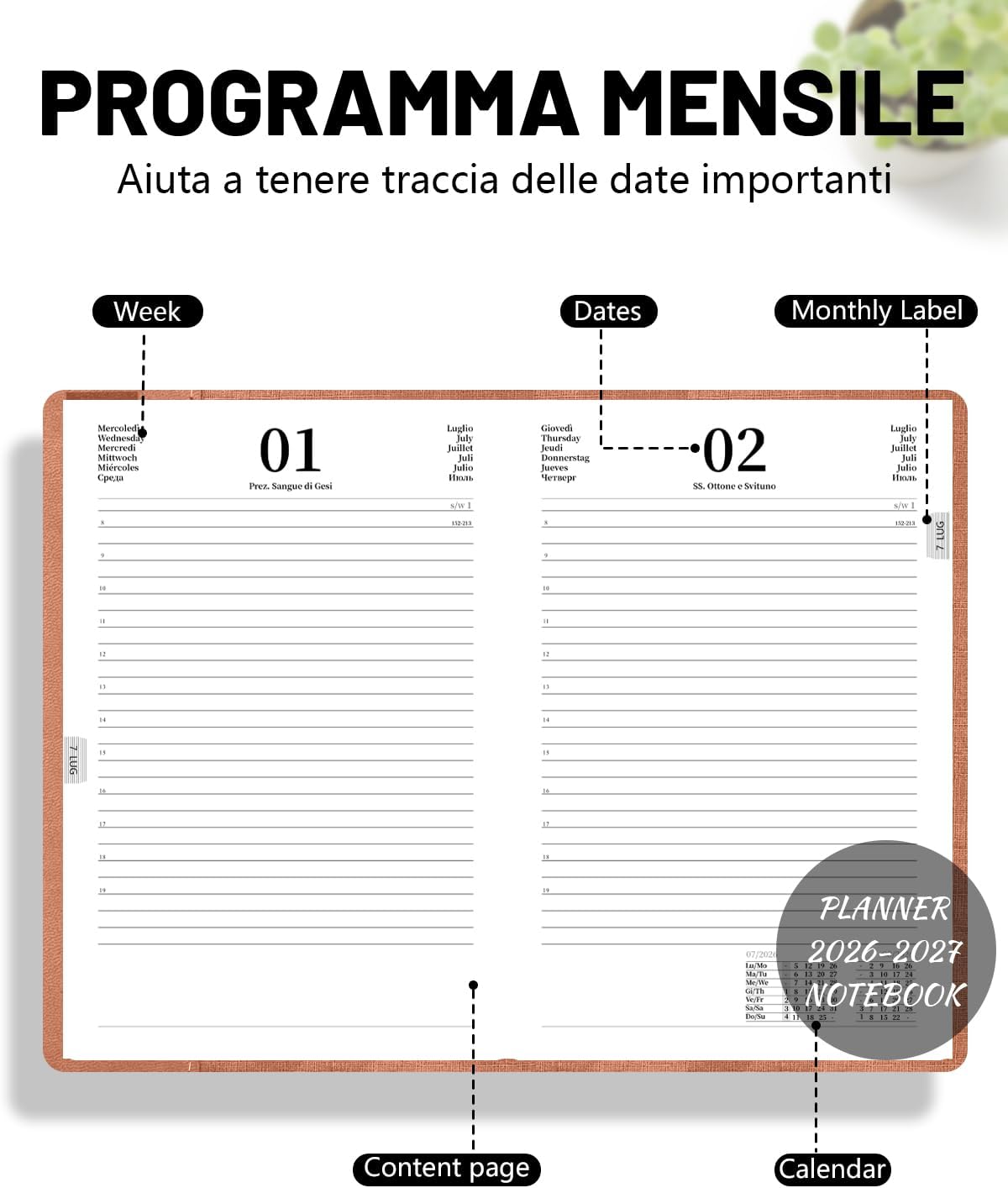 Thumbnail 6 de HW CASA Agenda Giornaliera 2026/2027 A5 – Diario multilingue con etichette mensili 3D, PU e carta di alta qualità