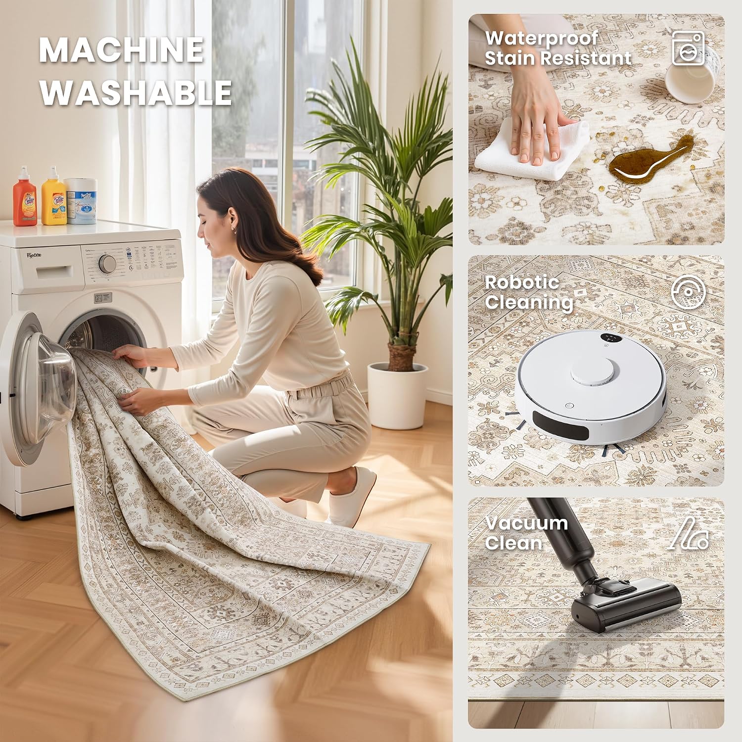 Thumbnail 4 de Zesthome 9x12 Area Rug: Cream/Beige, Non-Slip Backing, Machine Washable & Ultra-Thin