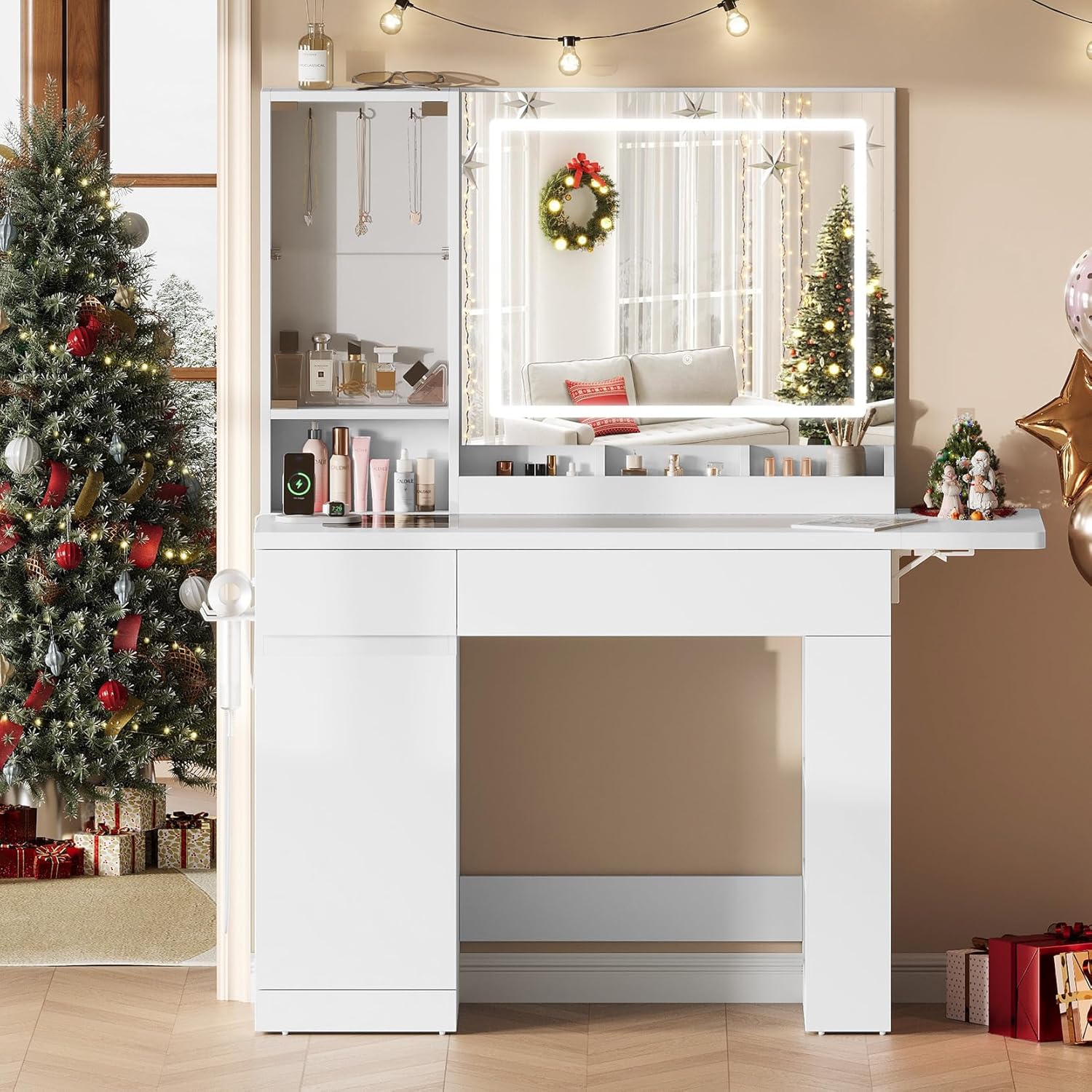 Thumbnail 6 de Dripex coiffeuse 115 cm blanche avec miroir éclairé et prises intégrées, plateau en verre