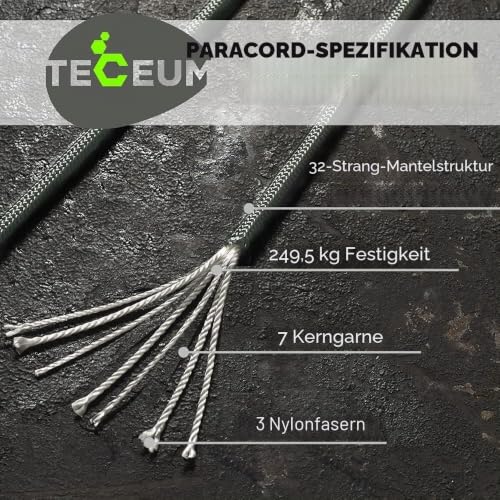 Detalle de TECEUM Paracord 550 Typ III – 4 mm, Dunkelgrau, 30 m | Vielseitige Nylon-Schnur für Camping und Survival