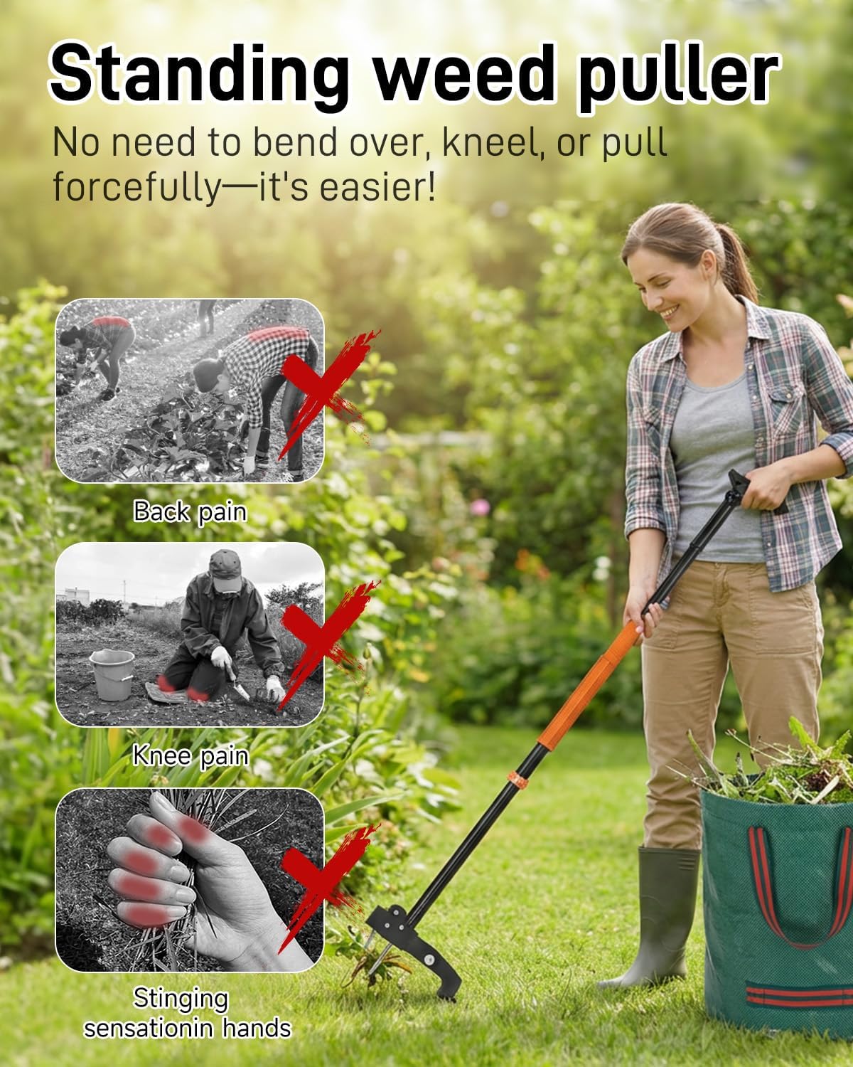 Detalle de FAUETI Weed Puller: Adjustable Stand-Up Weeding Tool with Ejector, 4-Claw Root Remover and 50L Leaf Bag