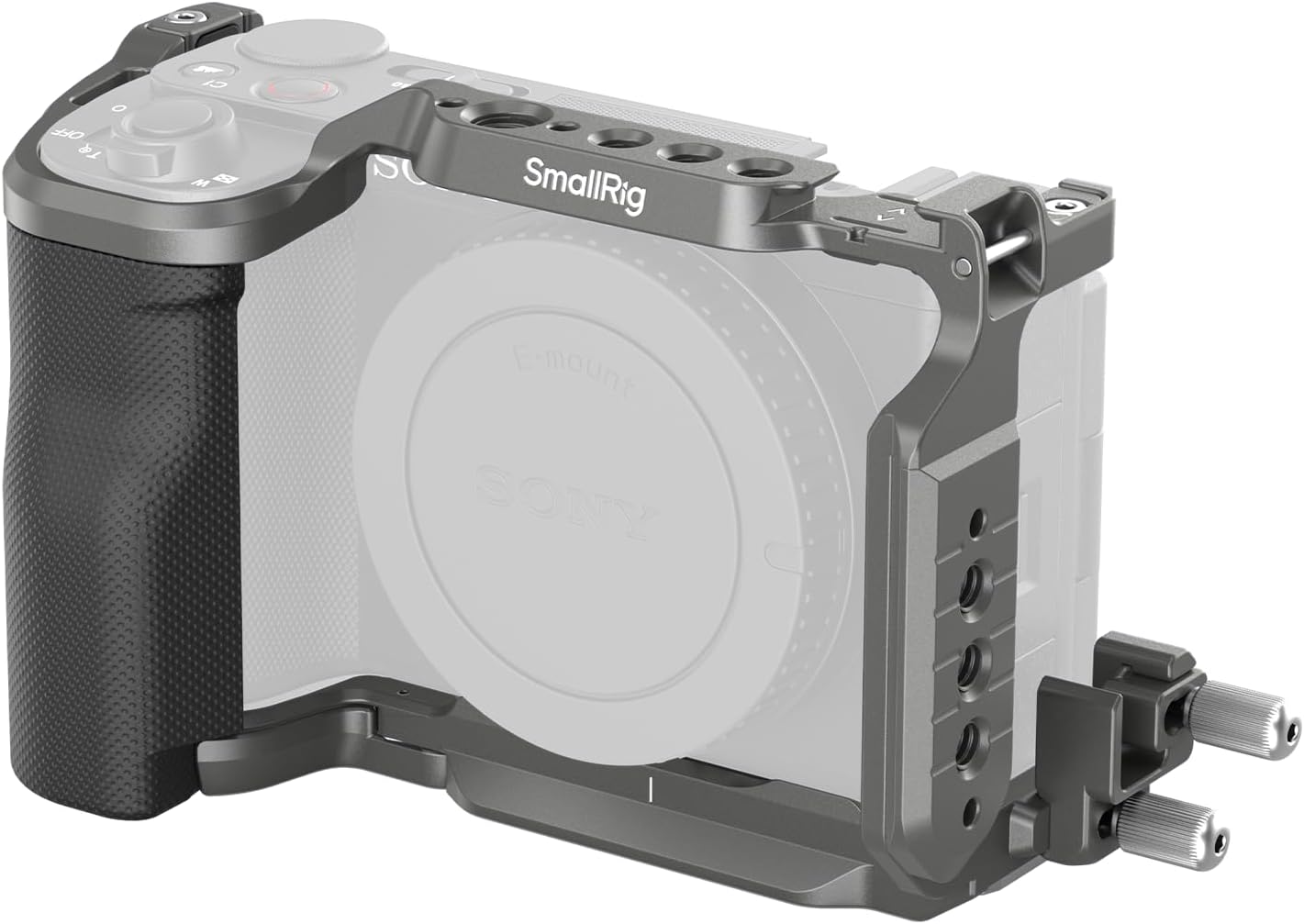 Detalle de SMALLRIG ZV-E10 II HawkLock Quick Release Cage Kit 4949 con impugnatura in silicone, piastra Arca e morsetto HDMI