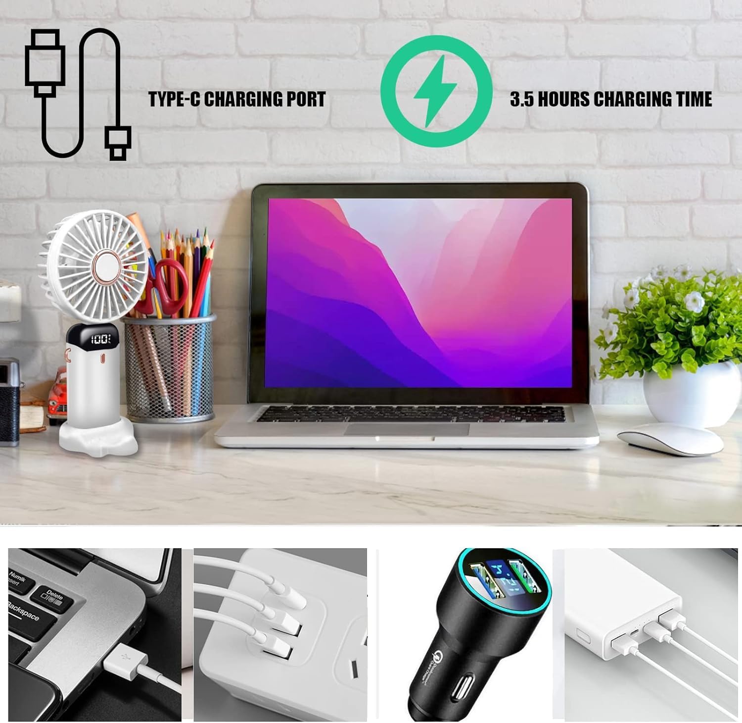 Detalle 2 de Jsdoin hand held fan (white) – USB rechargeable portable mini fan with 5 speeds and LED display