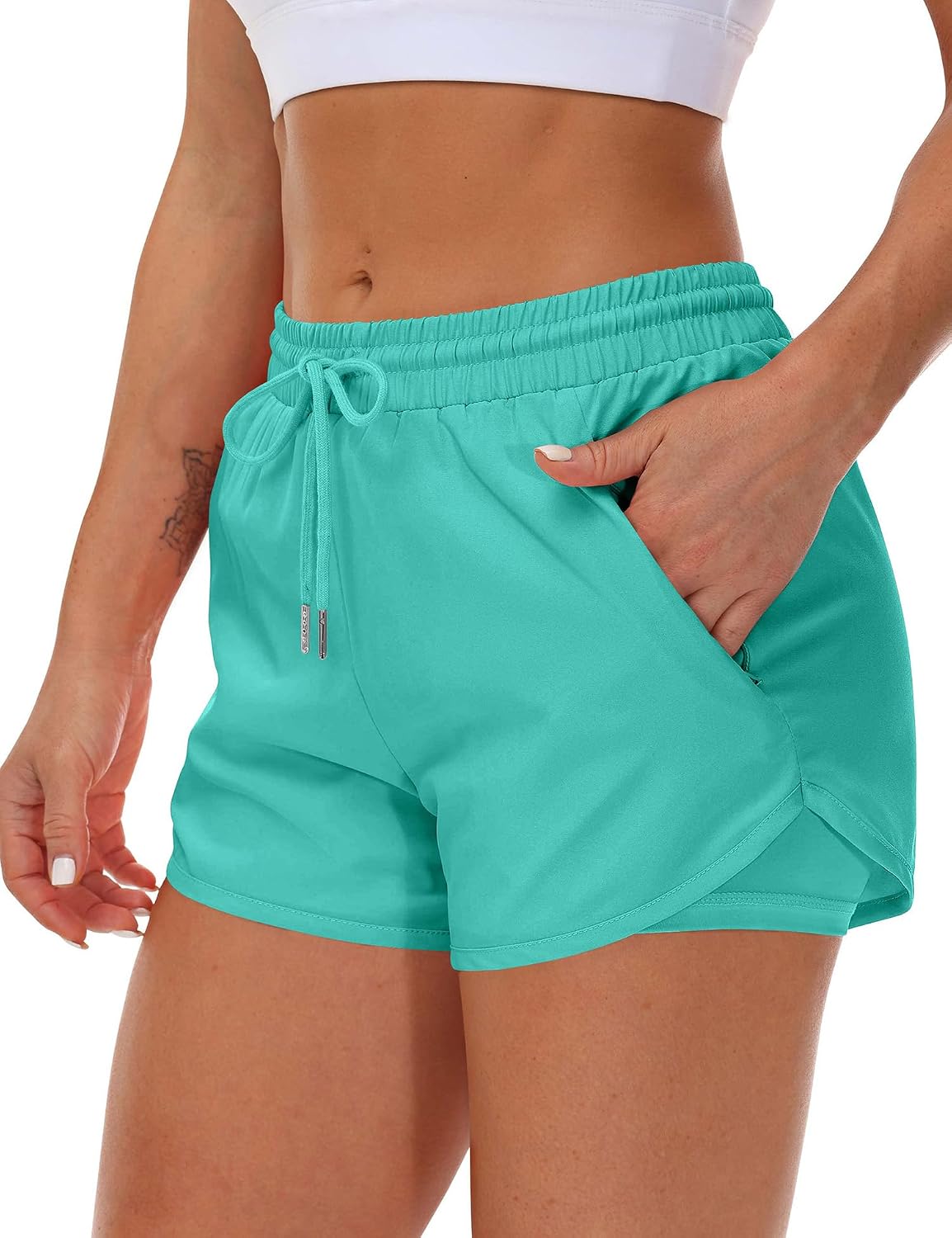 Detalle de Mancreda Women's Running Shorts with Liner 3 Zipper Pockets Elastic Workout Athletic Gym Yoga Shorts