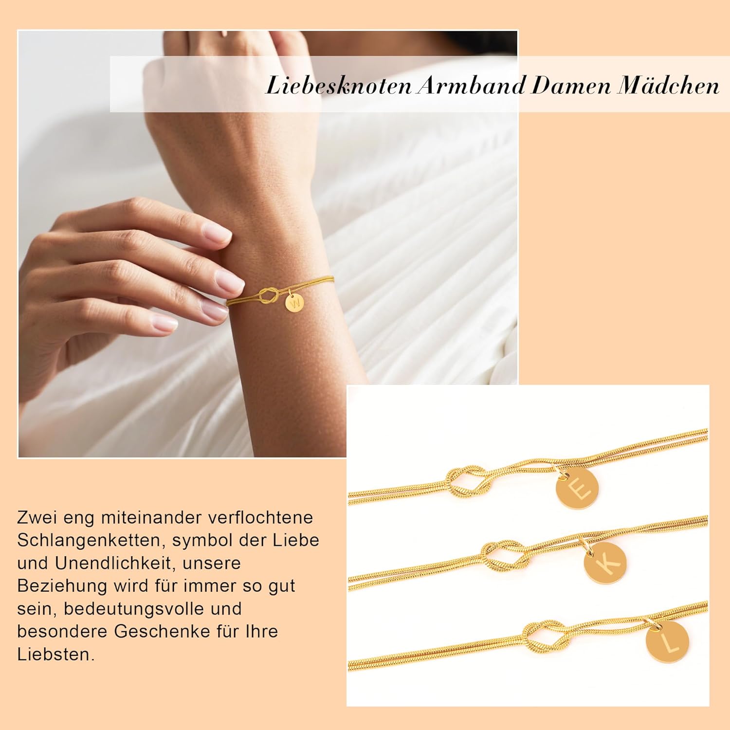 Detalle de Armband Damen Gold mit Liebesknoten und Buchstaben – 14K Vergoldet, personalisierbar